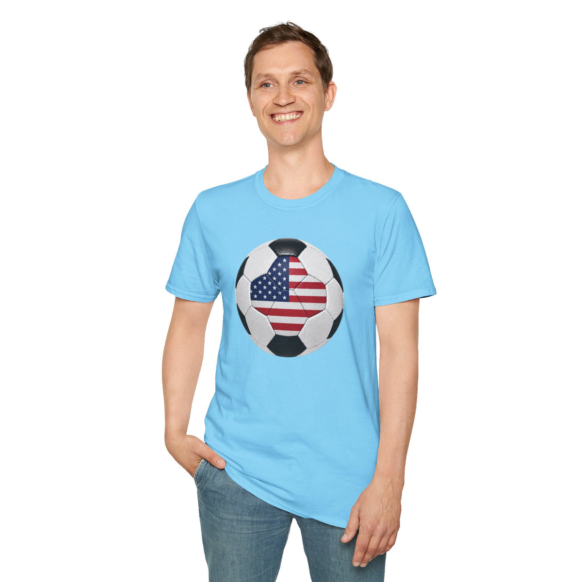 USA Soccer Ball Shirt, American Flag Soccer Tee, Red White Blue Soccer T-Shirt, Patriotic Game Day Fan Shirt