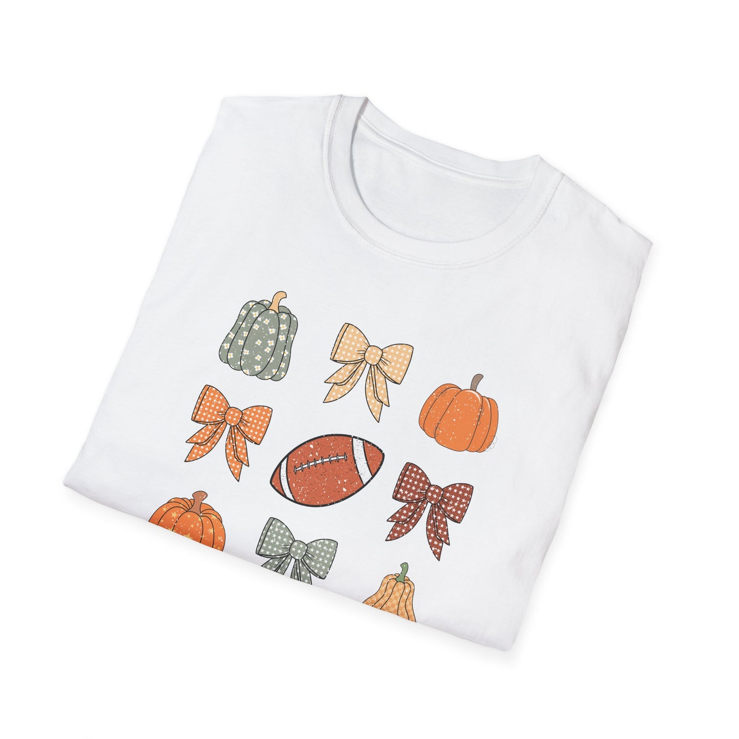 Fall Pumpkins Bow Football Unisex T-Shirt, Autumn Tee, Pumpkin Patch Shirt, Thanksgiving Top, Harvest Festival Apparel, Gif for her