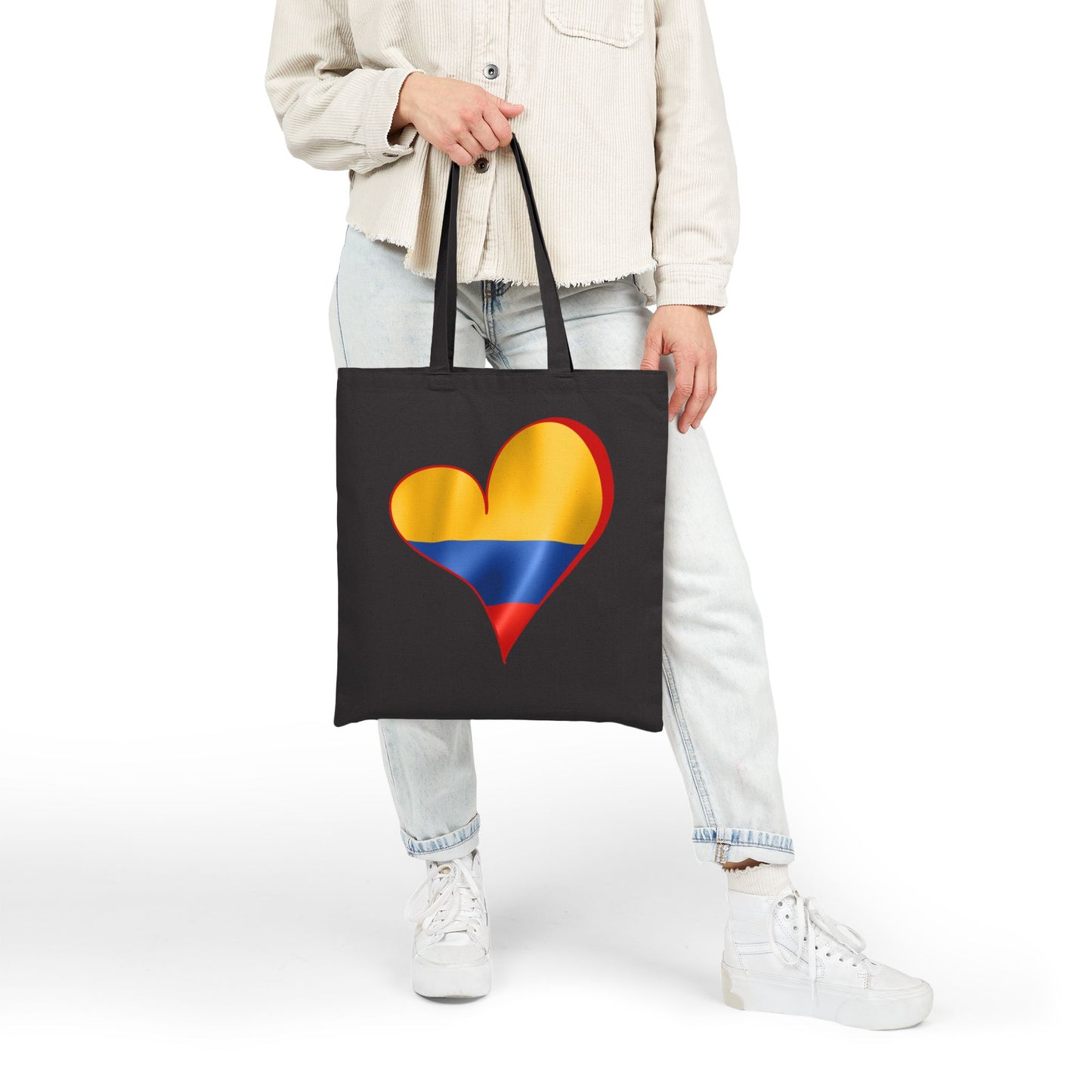 Colombia Flag Heart Tote Bag, Cotton Canvas Grocery Shopping Beach Handbag, Colombian Pride Gift, Patriotic Shoulder Bag
