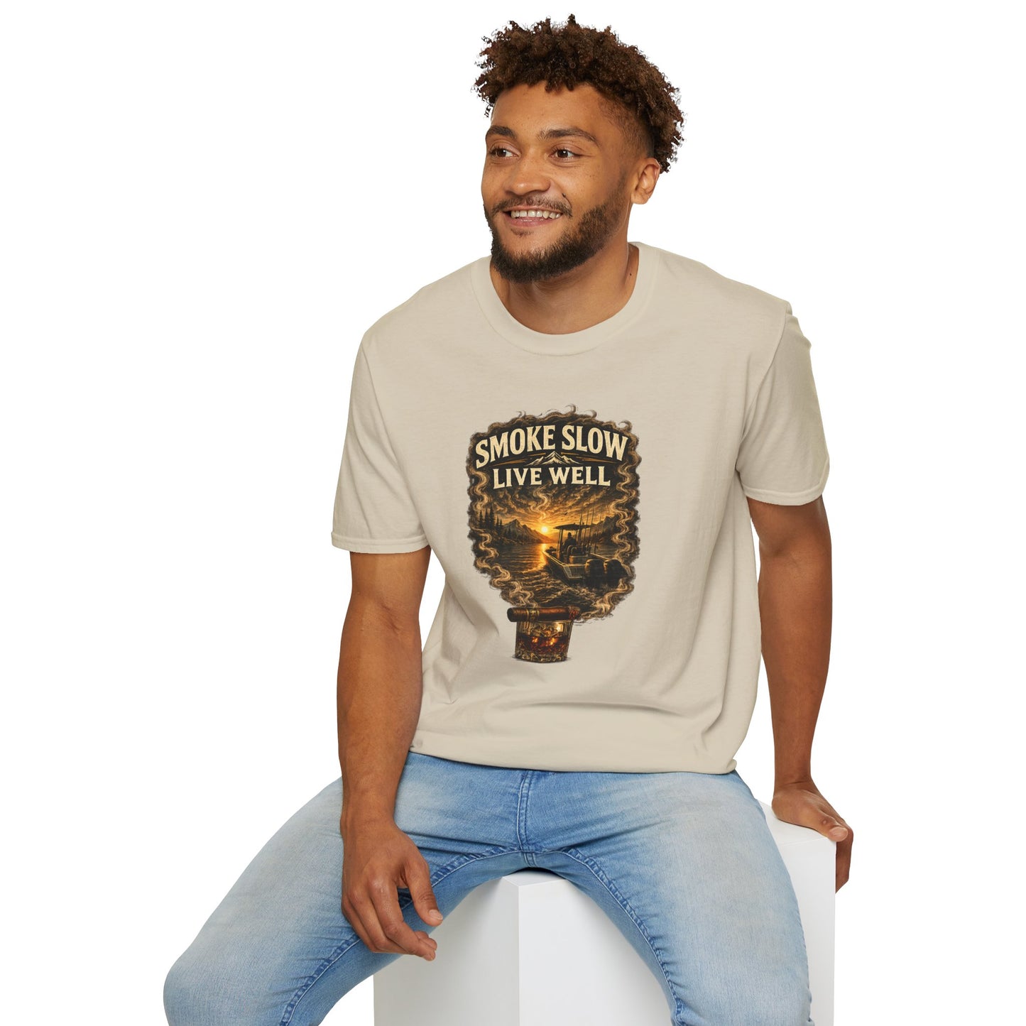 Smoke Slow Live Well Cigar T-Shirt – Whiskey & Outdoor Boating Lifestyle Cigar Tee