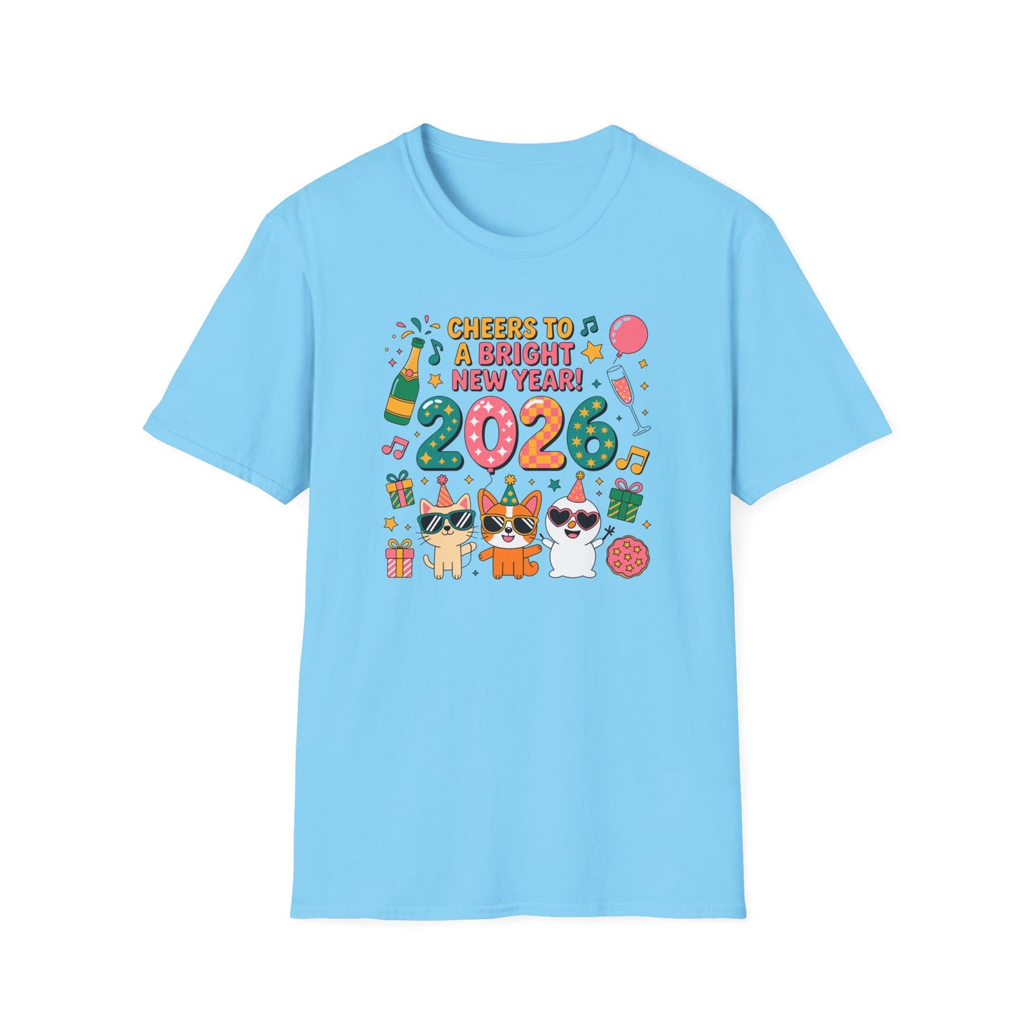 Happy New Year 2026 T-Shirt – Cute Cartoon Cats New Year Shirt, Bright Colorful NYE Party Tee, Fun 2026 Celebration Top for Cat Lovers