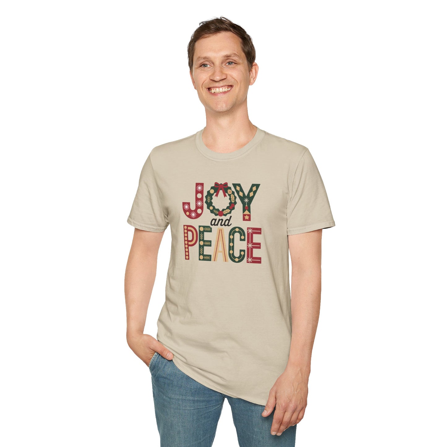 Joy and Peace Christmas T-Shirt – Festive Holiday Typography Tee with Wreath Design, Inspirational Christmas Shirt