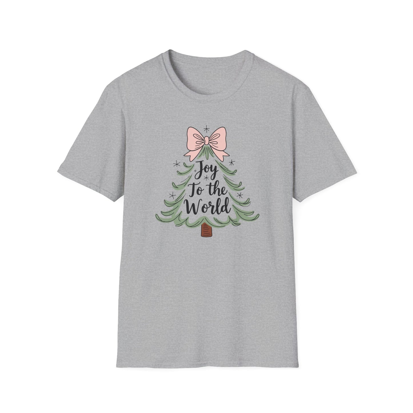 Joy to the World Christmas T-Shirt – Cute Pastel Bow Christmas Tree Tee, Festive Holiday Graphic Shirt for Women