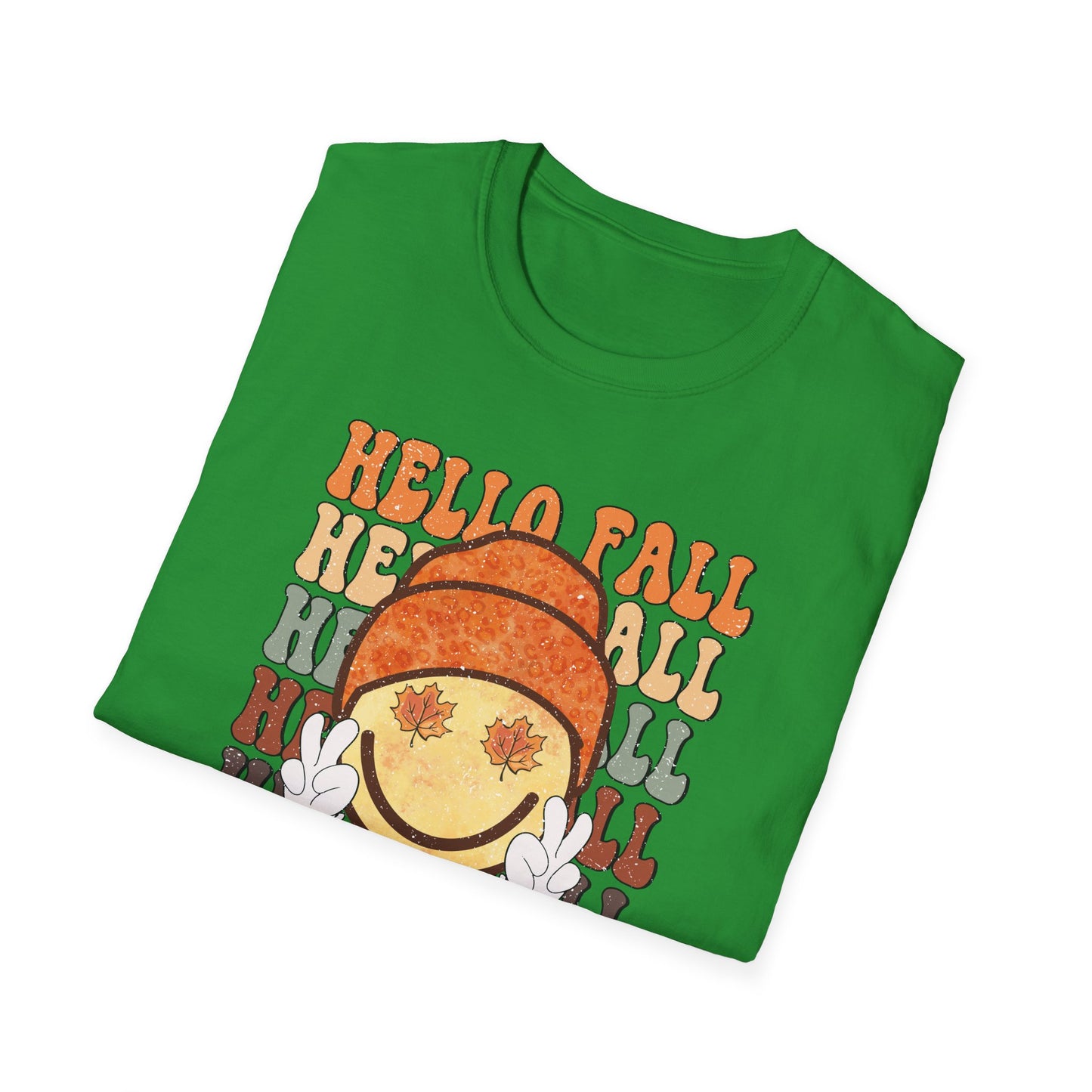 Hello Fall Happy Face Peace T-Shirt, Autumn Graphic Tee, Relaxing Casual Top, Seasonal Clothing, Thanksgiving Tee, Friendsgiving gift