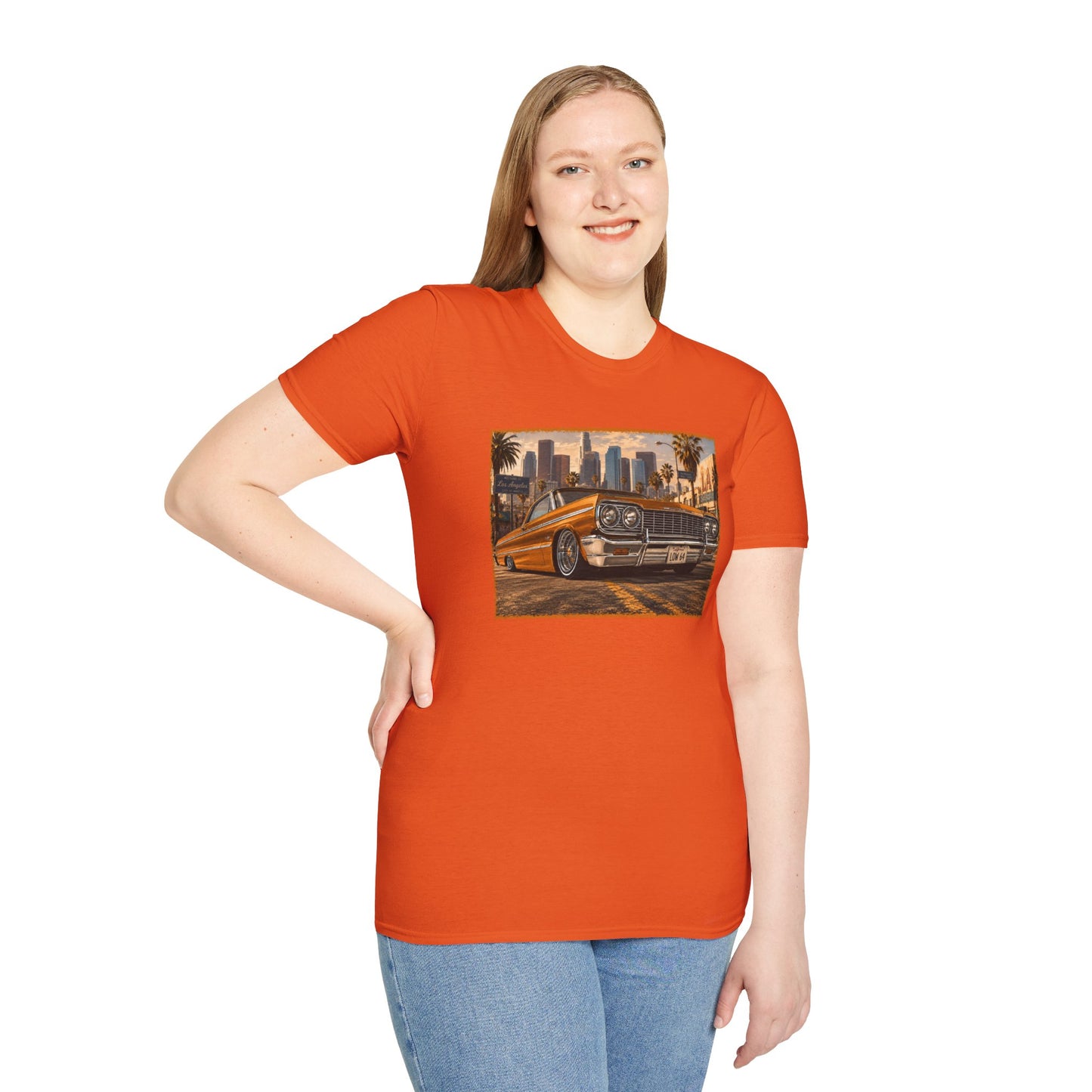 Los Angeles Lowrider T-Shirt, Orange Classic Car Graphic Tee, 1964 Style Car Shirt for Car Lovers