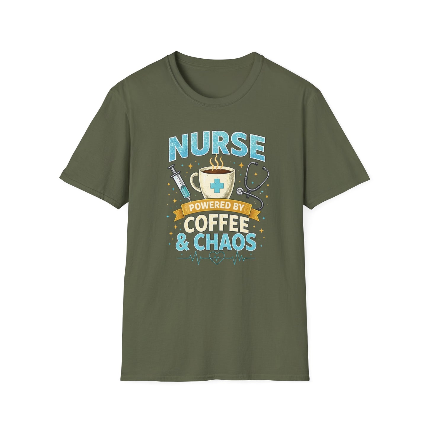 Nurse Powered by Coffee & Chaos Shirt, Funny Nurse Tee, RN CNA Gift, Nurse Life Graphic T-Shirt, Medical Worker Gift, Cute Nursing Shirt for Women Men