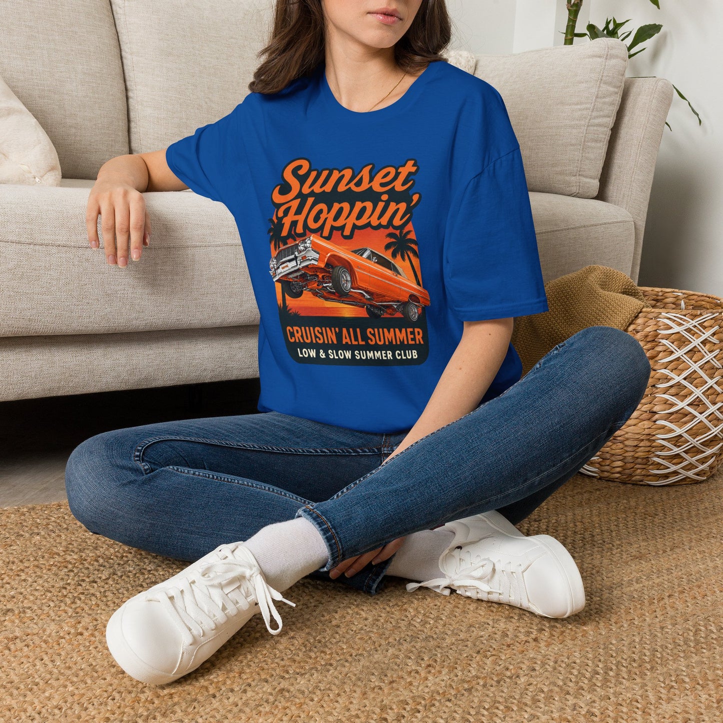 Lowrider Summer Shirt, Sunset Hoppin Tee, Cruisin All Summer Graphic Shirt, Low and Slow Car Tee, Unisex Car Lover Gift