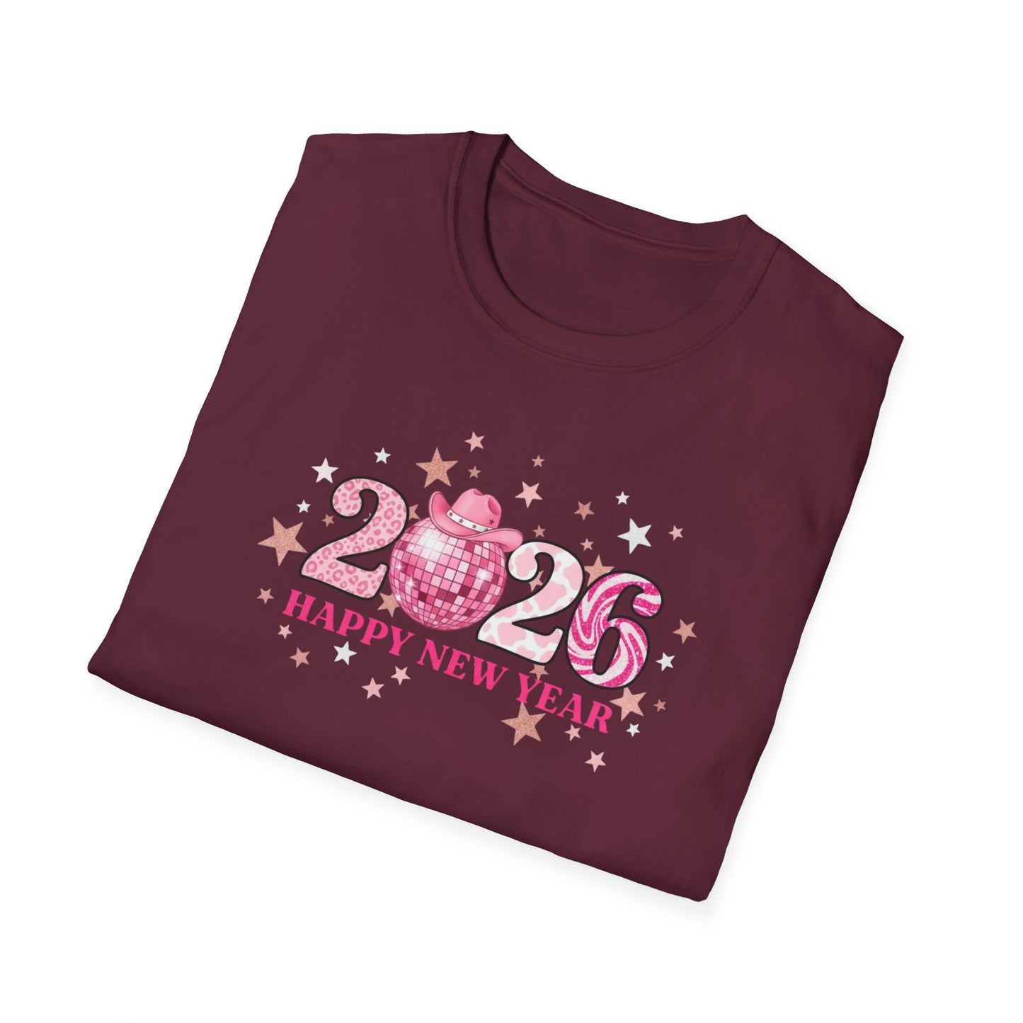 Happy New Year 2026 Pink Disco Cowgirl T-Shirt – Western New Year Shirt, Cute Pink 2026 Tee with Cowboy Hat & Stars, NYE Party Graphic Top