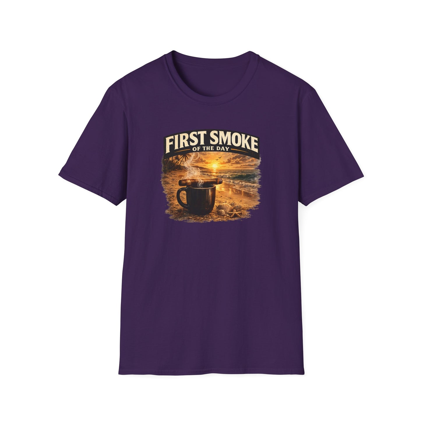 First Smoke of the Day T-Shirt – Cigar & Coffee Beach Sunrise Tee