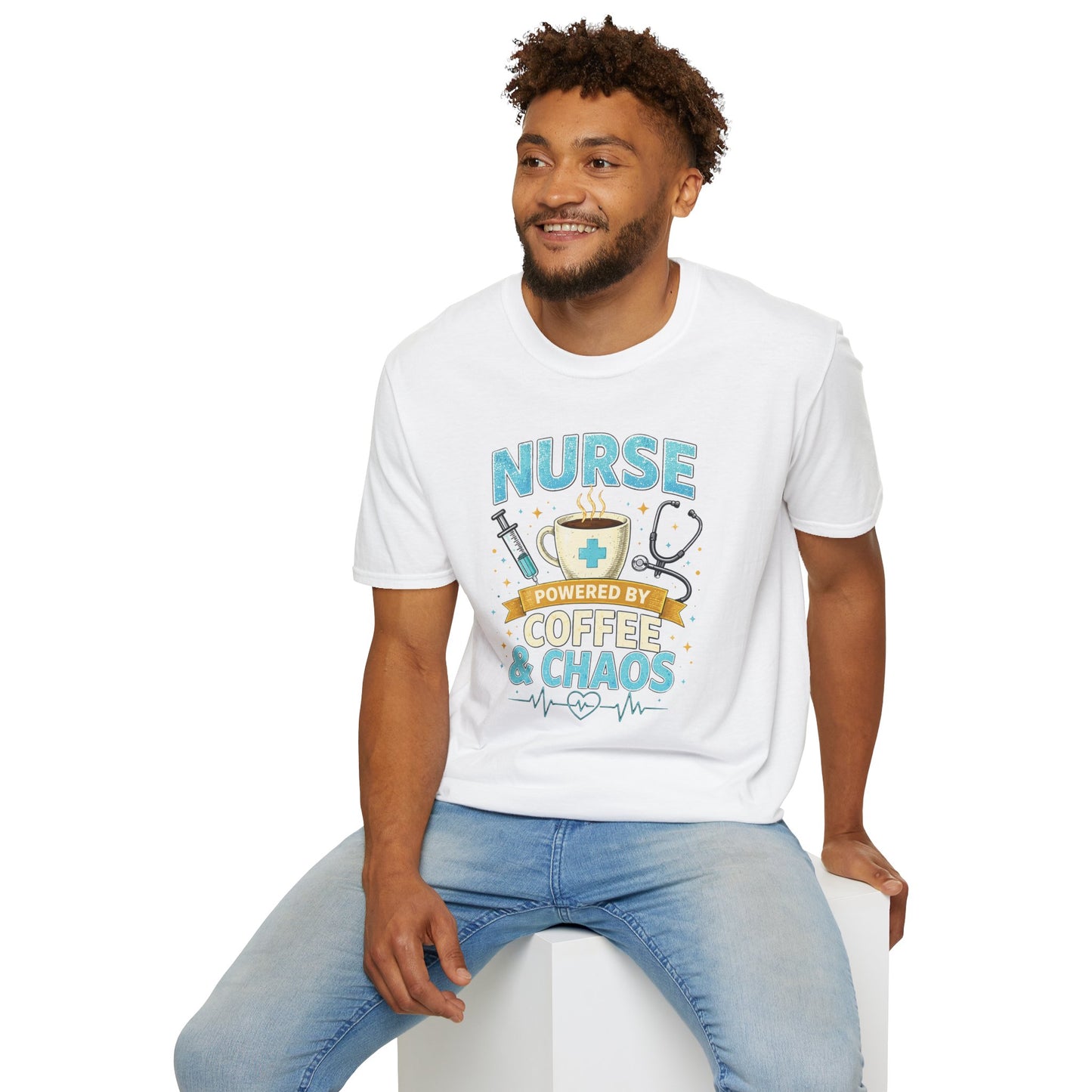 Nurse Powered by Coffee & Chaos Shirt, Funny Nurse Tee, RN CNA Gift, Nurse Life Graphic T-Shirt, Medical Worker Gift, Cute Nursing Shirt for Women Men