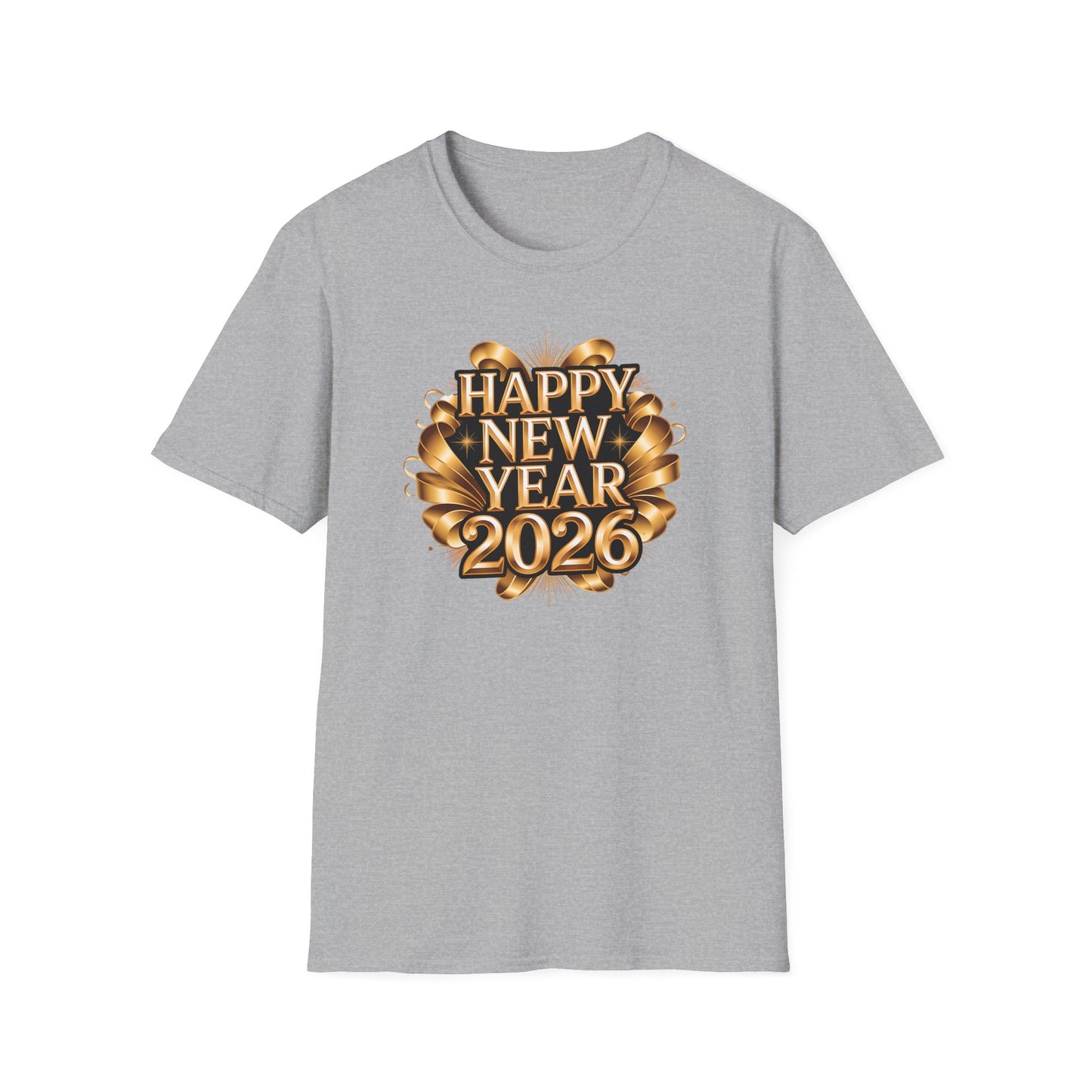 Happy New Year 2026 T-Shirt – Gold Metallic New Year Shirt, Luxury 2026 NYE Celebration Tee with Ribbon Design, Elegant New Year’s Eve Party Top