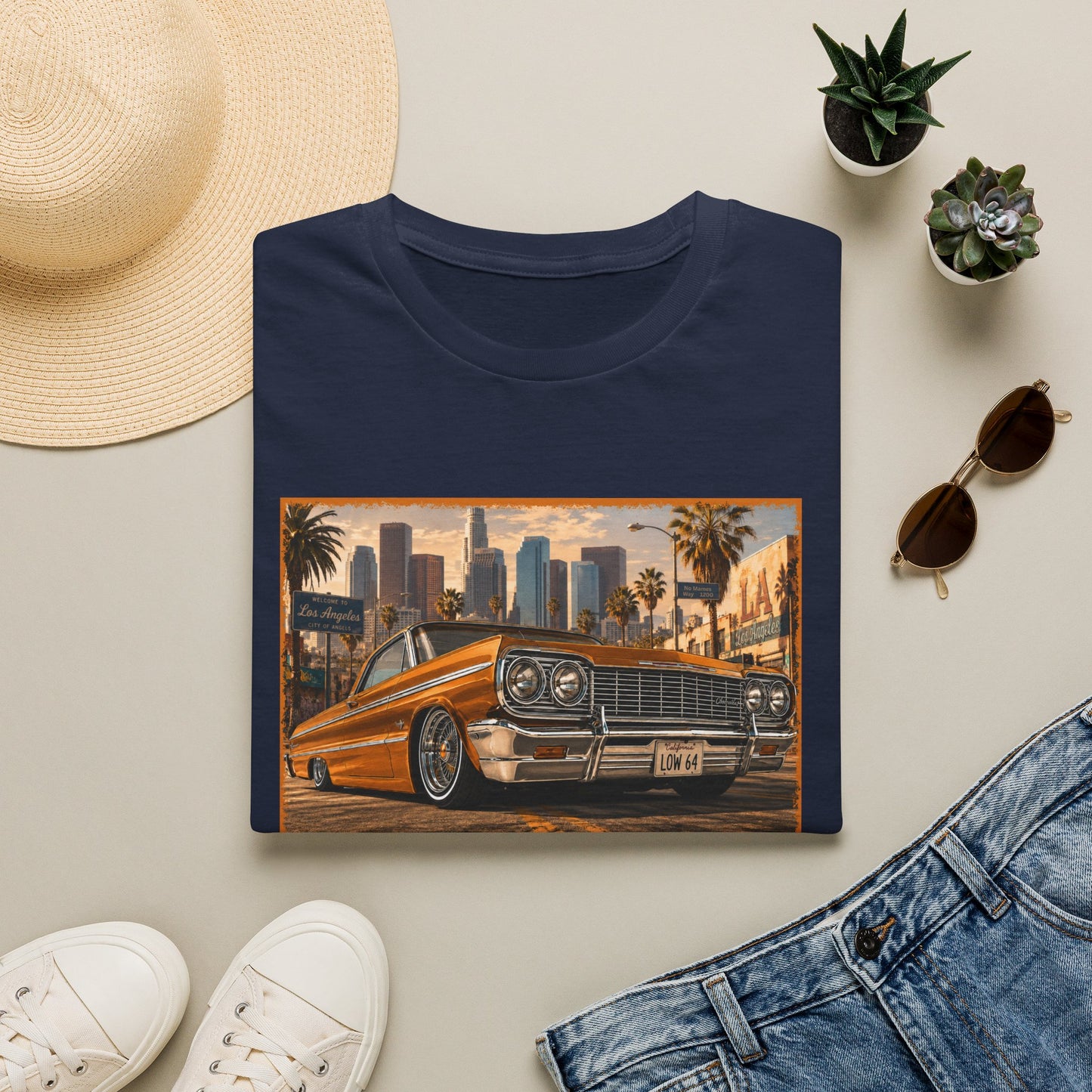Los Angeles Lowrider T-Shirt, Orange Classic Car Graphic Tee, 1964 Style Car Shirt for Car Lovers