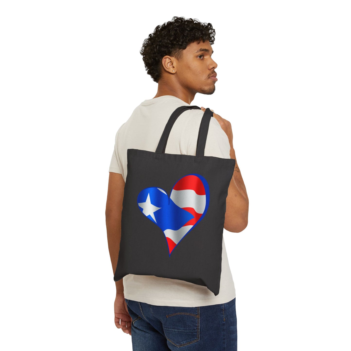 Puerto Rico Flag Heart Tote Bag, Cotton Canvas Grocery Shopping Beach Handbag, Boricua Pride Gift, Patriotic Shoulder Bag