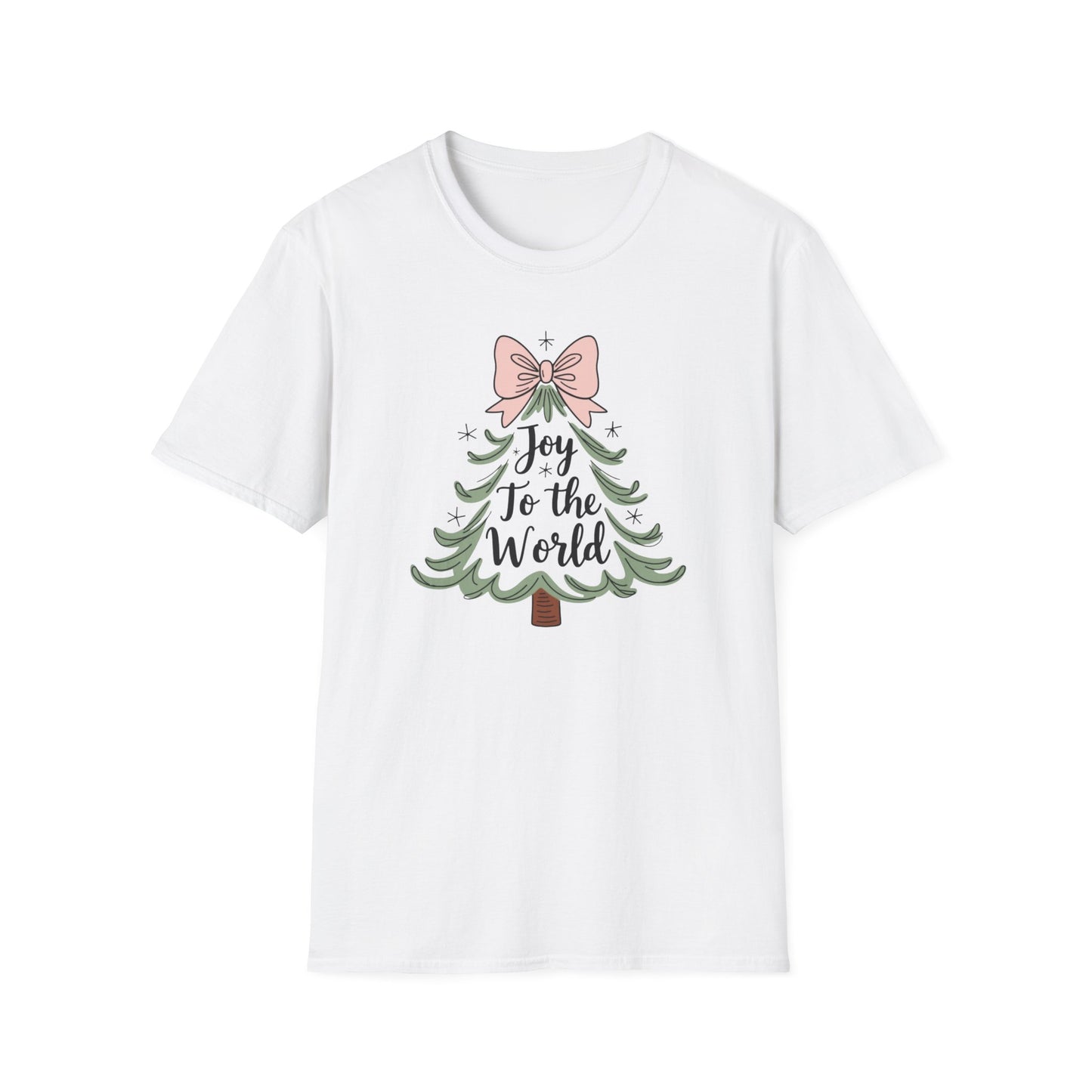 Joy to the World Christmas T-Shirt – Cute Pastel Bow Christmas Tree Tee, Festive Holiday Graphic Shirt for Women