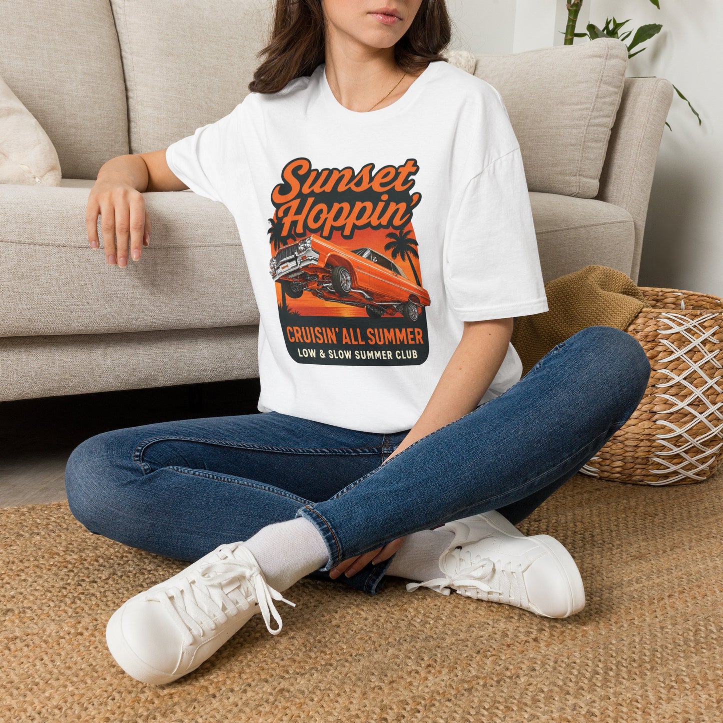 Lowrider Summer Shirt, Sunset Hoppin Tee, Cruisin All Summer Graphic Shirt, Low and Slow Car Tee, Unisex Car Lover Gift