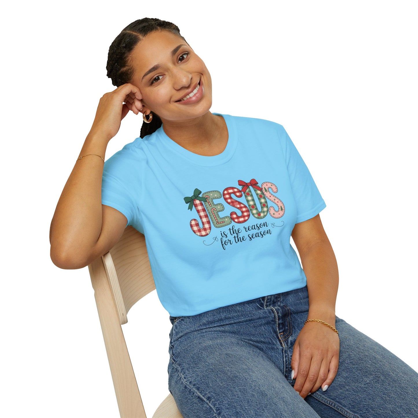 Jesus Is the Reason for the Season Christmas T-Shirt – Cute Plaid Holiday Christian Tee with Bows