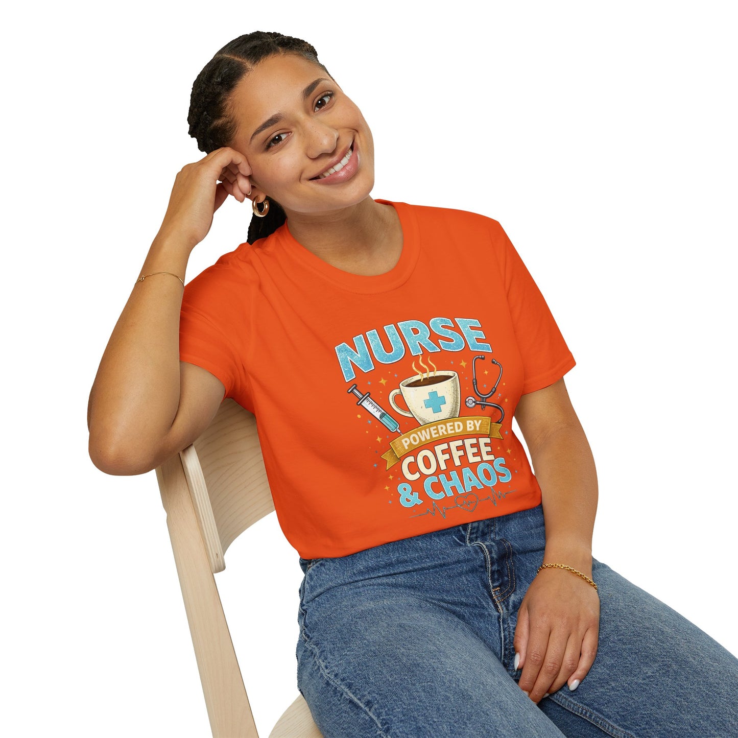 Nurse Powered by Coffee & Chaos Shirt, Funny Nurse Tee, RN CNA Gift, Nurse Life Graphic T-Shirt, Medical Worker Gift, Cute Nursing Shirt for Women Men