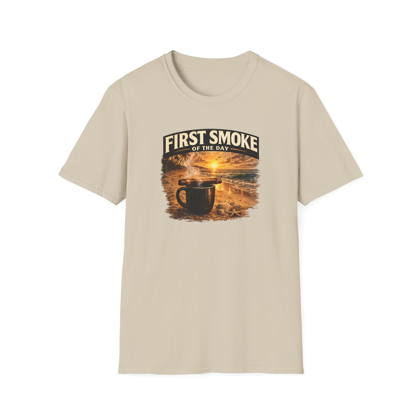 First Smoke of the Day T-Shirt – Cigar & Coffee Beach Sunrise Tee