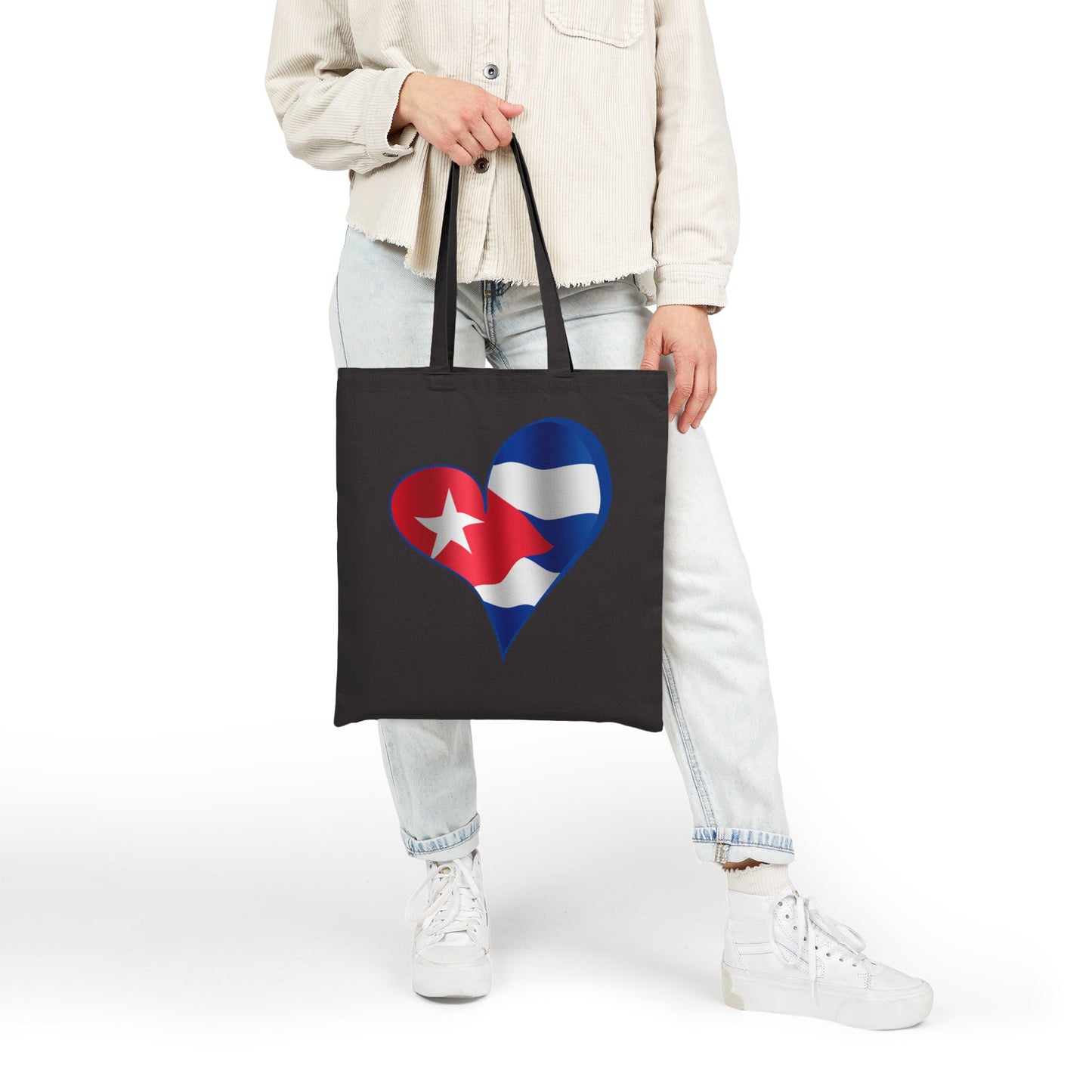 Cuba Flag Heart Tote Bag, Cotton Canvas Grocery Shopping Beach Handbag, Cuban Pride Gift, Patriotic Shoulder Bag, Reusable Eco-Friendly