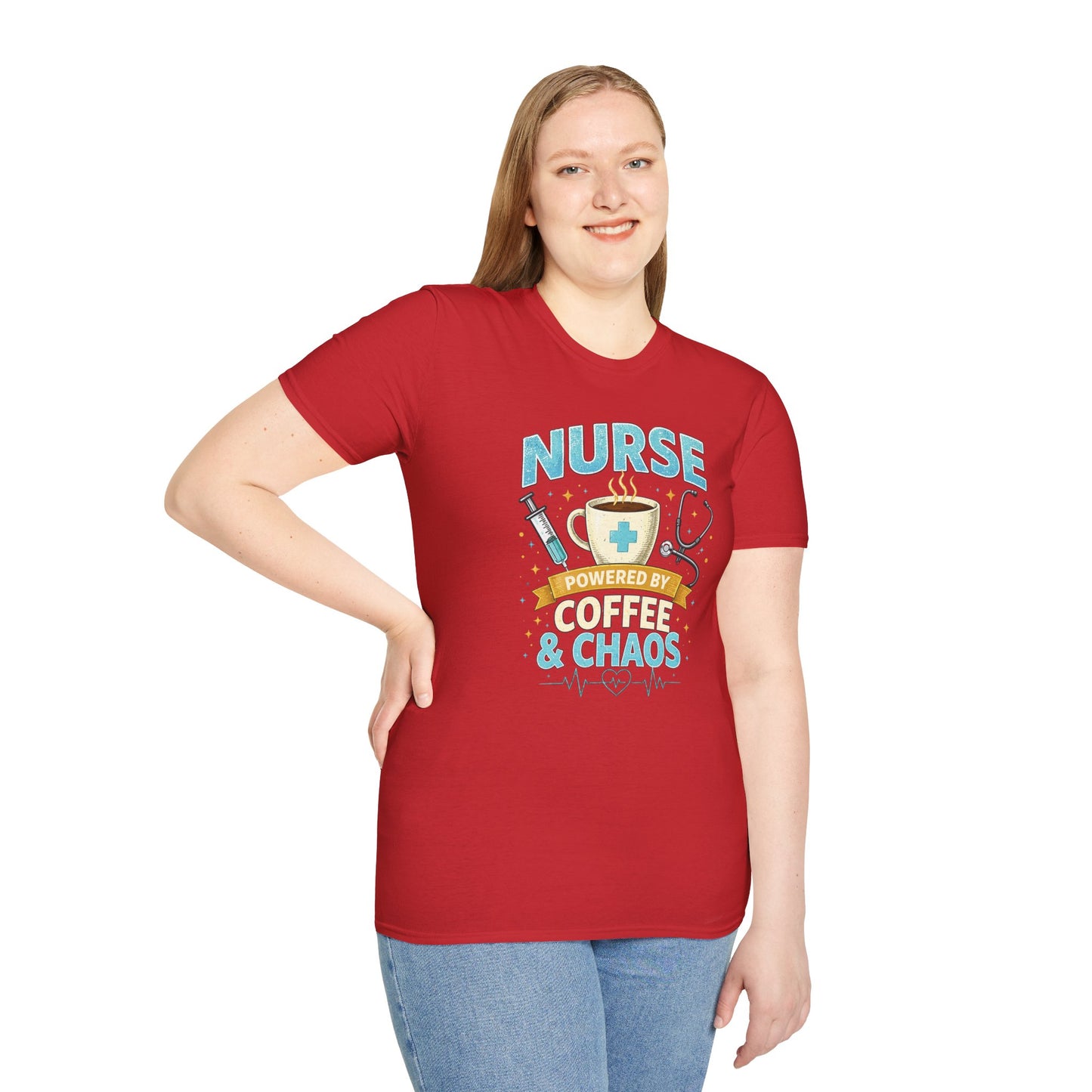 Nurse Powered by Coffee & Chaos Shirt, Funny Nurse Tee, RN CNA Gift, Nurse Life Graphic T-Shirt, Medical Worker Gift, Cute Nursing Shirt for Women Men