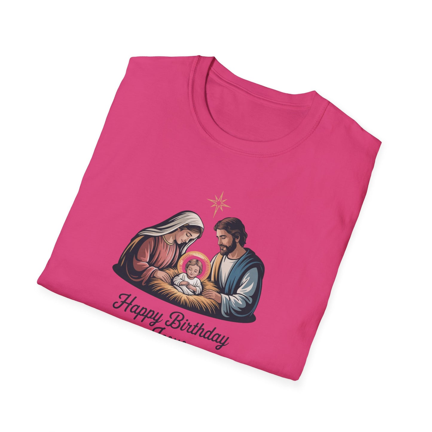 Happy Birthday Jesus Nativity T-Shirt – Christian Christmas Shirt with Mary Joseph & Baby Jesus, Faith Holiday Tee
