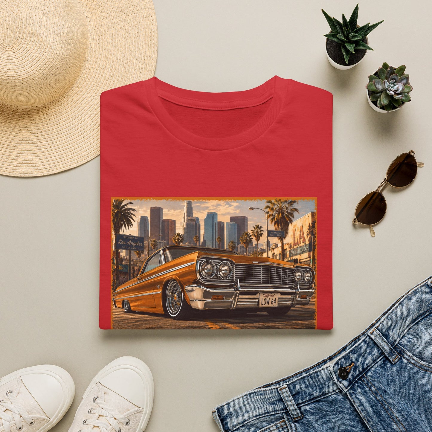 Los Angeles Lowrider T-Shirt, Orange Classic Car Graphic Tee, 1964 Style Car Shirt for Car Lovers