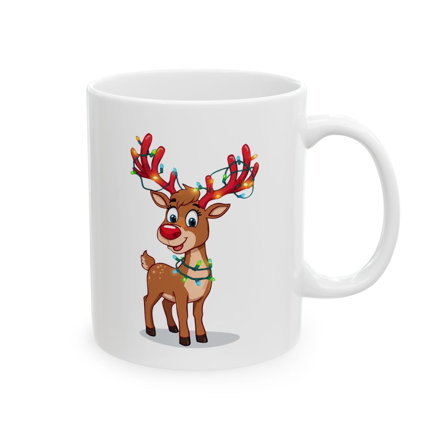 Reindeer Christmas Lights Mug – Cute Holiday Coffee Cup, Festive Reindeer Ceramic Mug, Christmas Gift Idea (11oz/15oz)