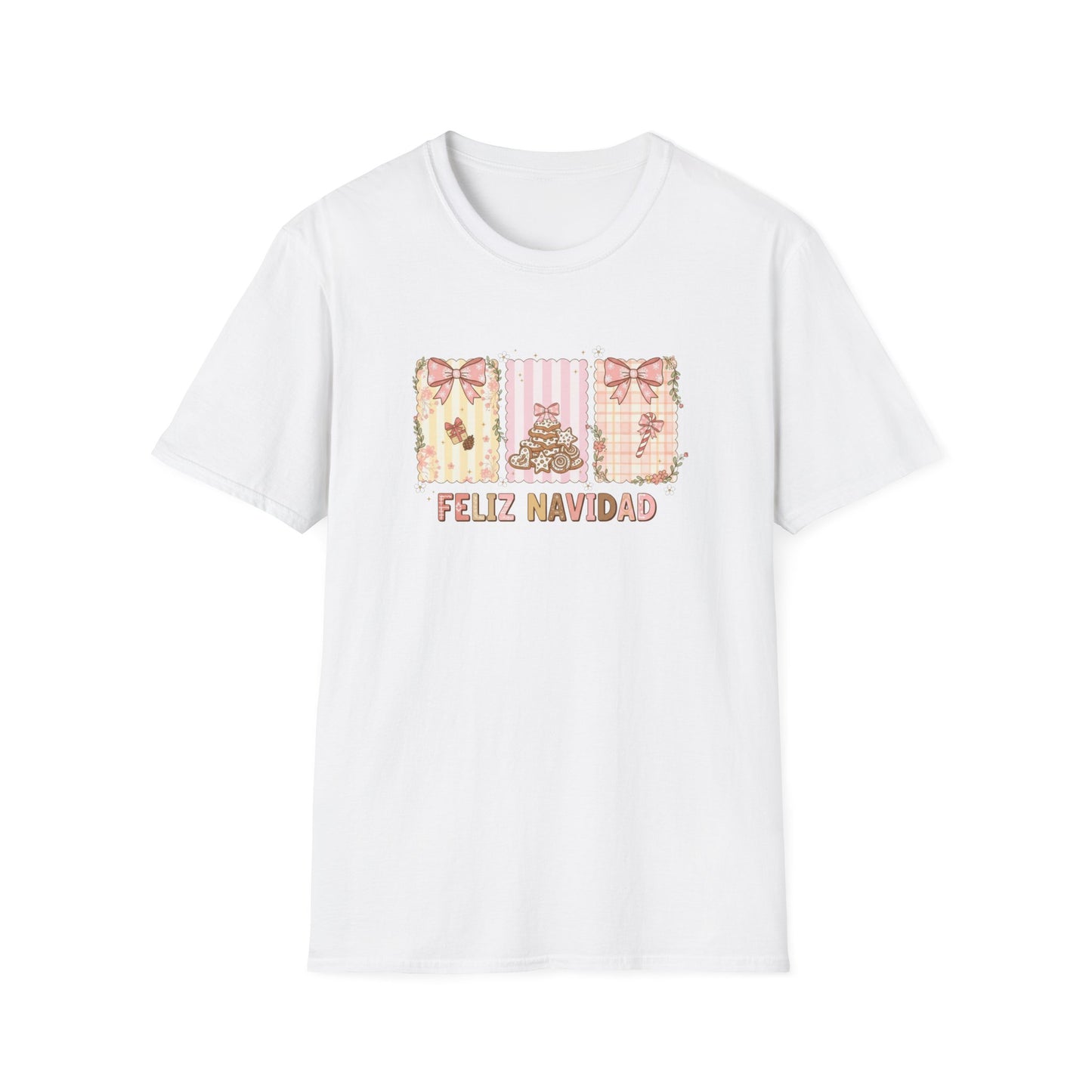 Feliz Navidad Christmas T-Shirt – Cute Pastel Holiday Tee with Bows & Gingerbread Design, Festive Spanish Christmas Shirt