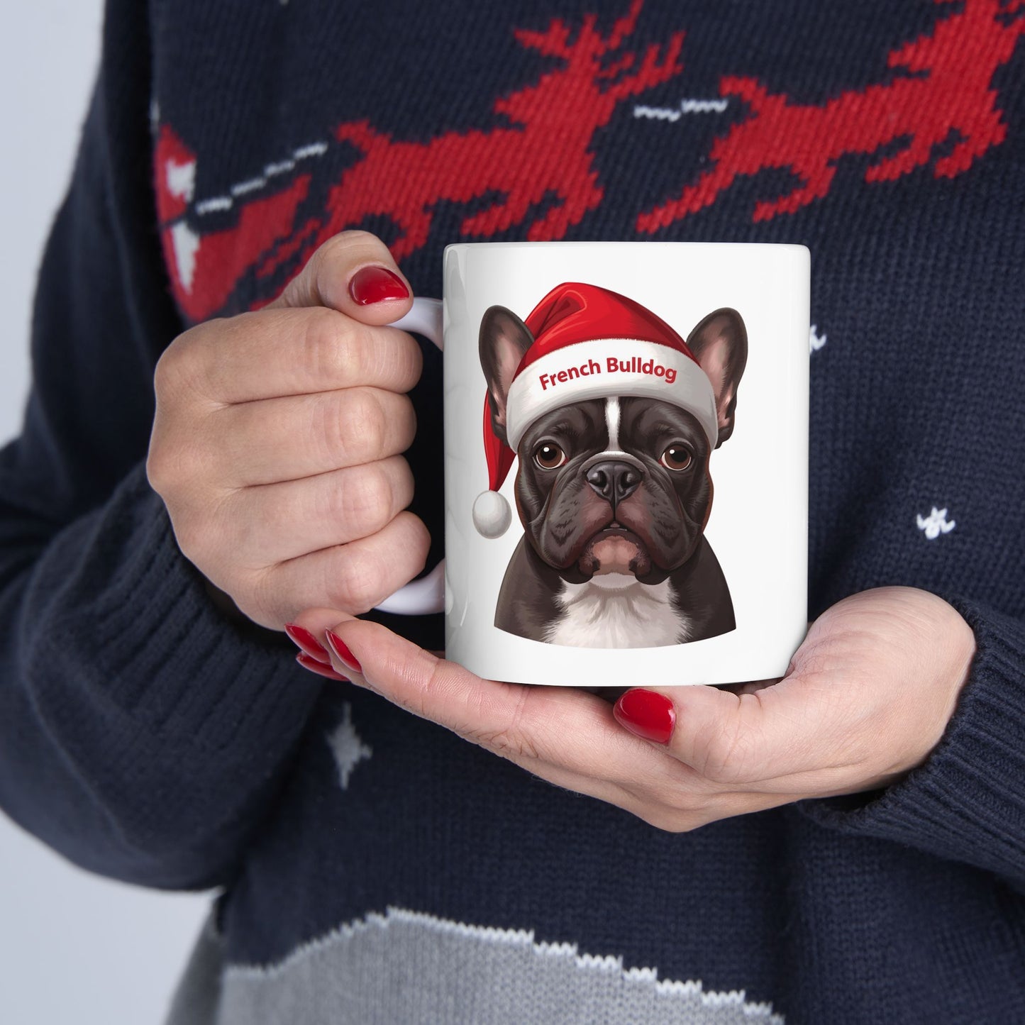 French Bulldog Dog Holiday Portrait Mug – Cute Holiday Coffee Cup, Festive Bulldog Dog Ceramic Mug, Christmas Gift Idea (11oz/15oz)