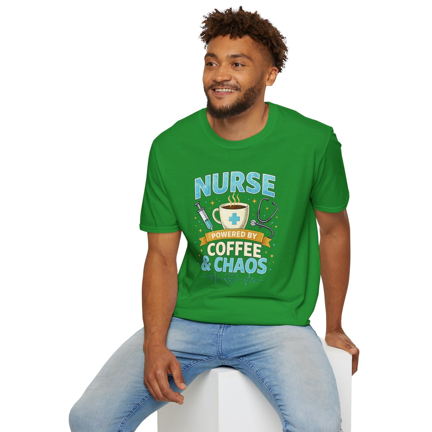 Nurse Powered by Coffee & Chaos Shirt, Funny Nurse Tee, RN CNA Gift, Nurse Life Graphic T-Shirt, Medical Worker Gift, Cute Nursing Shirt for Women Men