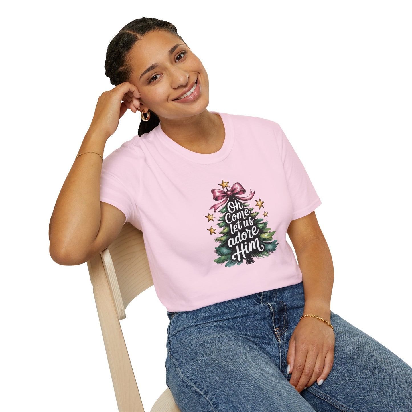 Oh Come Let Us Adore Him Christmas T-Shirt – Christian Holiday Tee with Bow and Christmas Tree Design