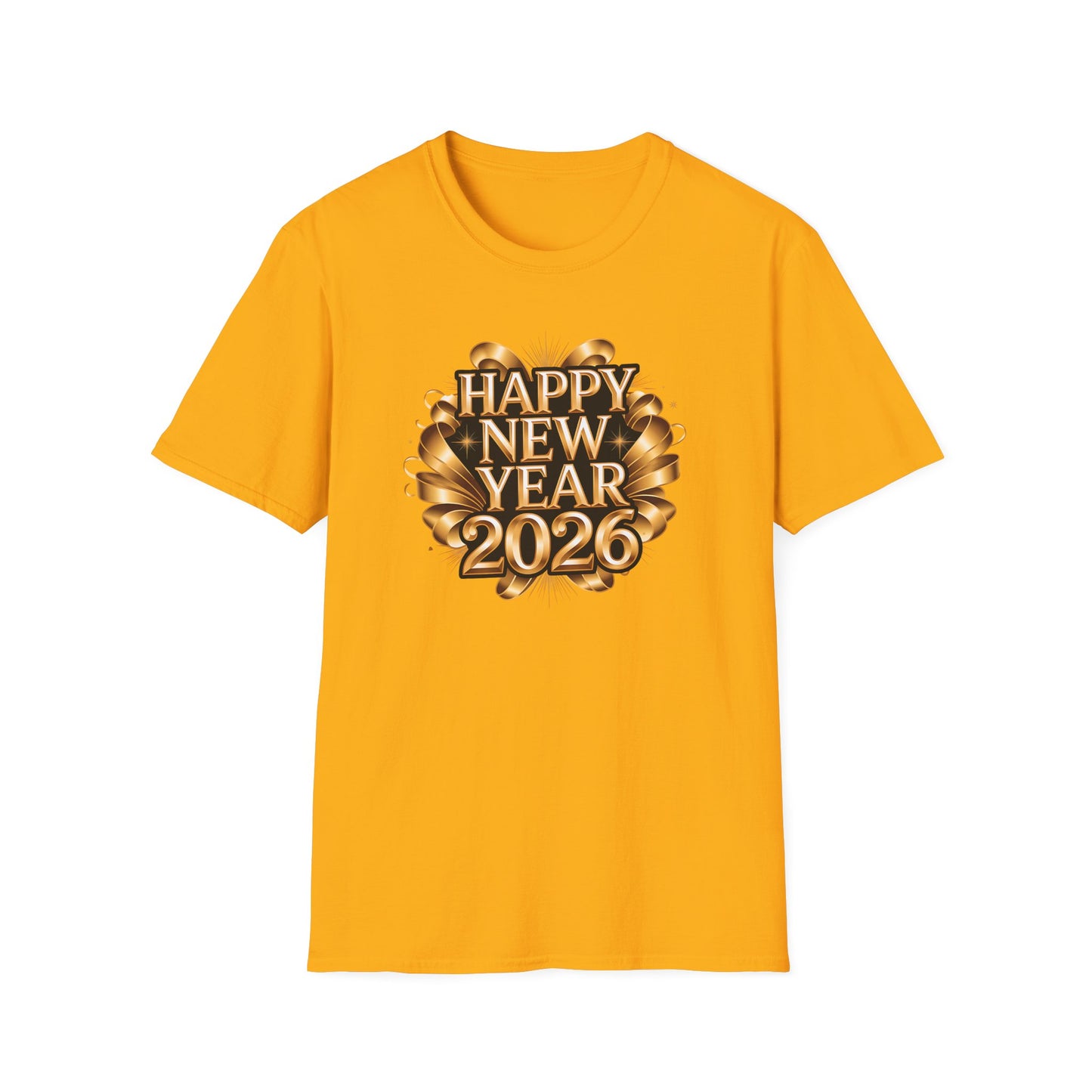 Happy New Year 2026 T-Shirt – Gold Metallic New Year Shirt, Luxury 2026 NYE Celebration Tee with Ribbon Design, Elegant New Year’s Eve Party Top