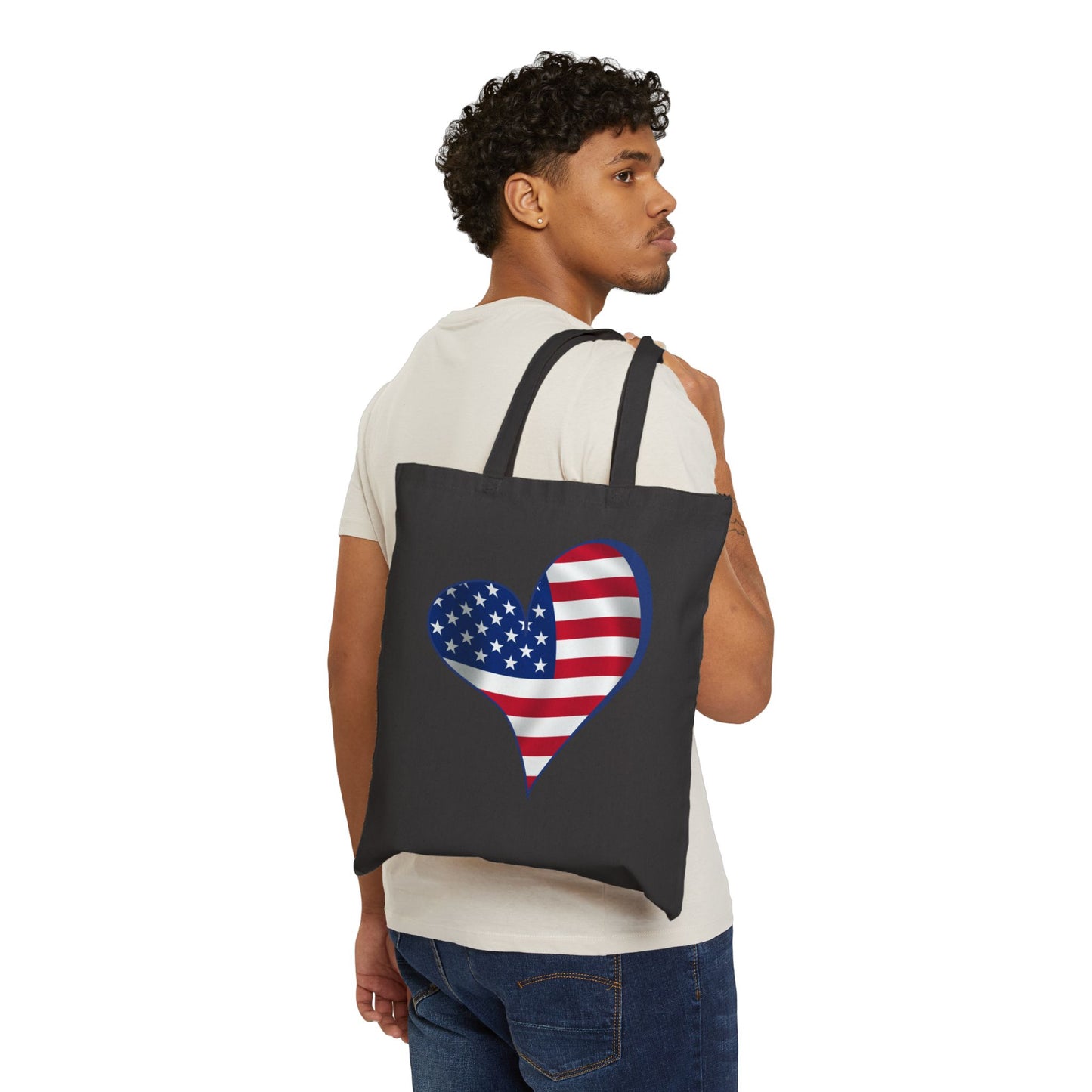 American Flag Heart Tote Bag, Cotton Canvas Grocery Shopping Beach Handbag, USA Pride Gift, Patriotic Shoulder Bag