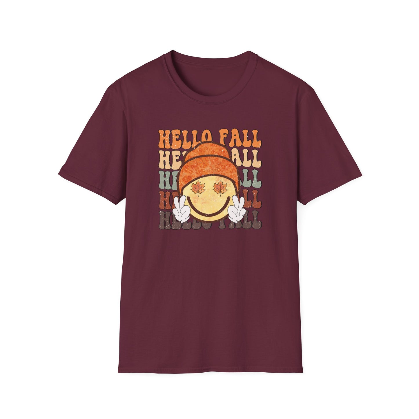 Hello Fall Happy Face Peace T-Shirt, Autumn Graphic Tee, Relaxing Casual Top, Seasonal Clothing, Thanksgiving Tee, Friendsgiving gift