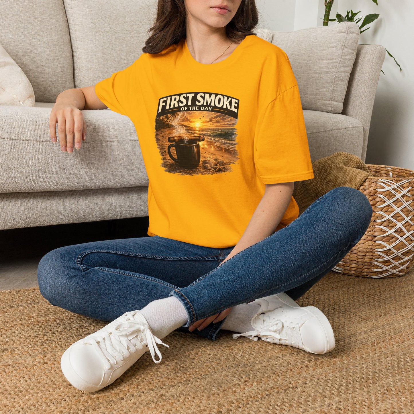 First Smoke of the Day T-Shirt – Cigar & Coffee Beach Sunrise Tee