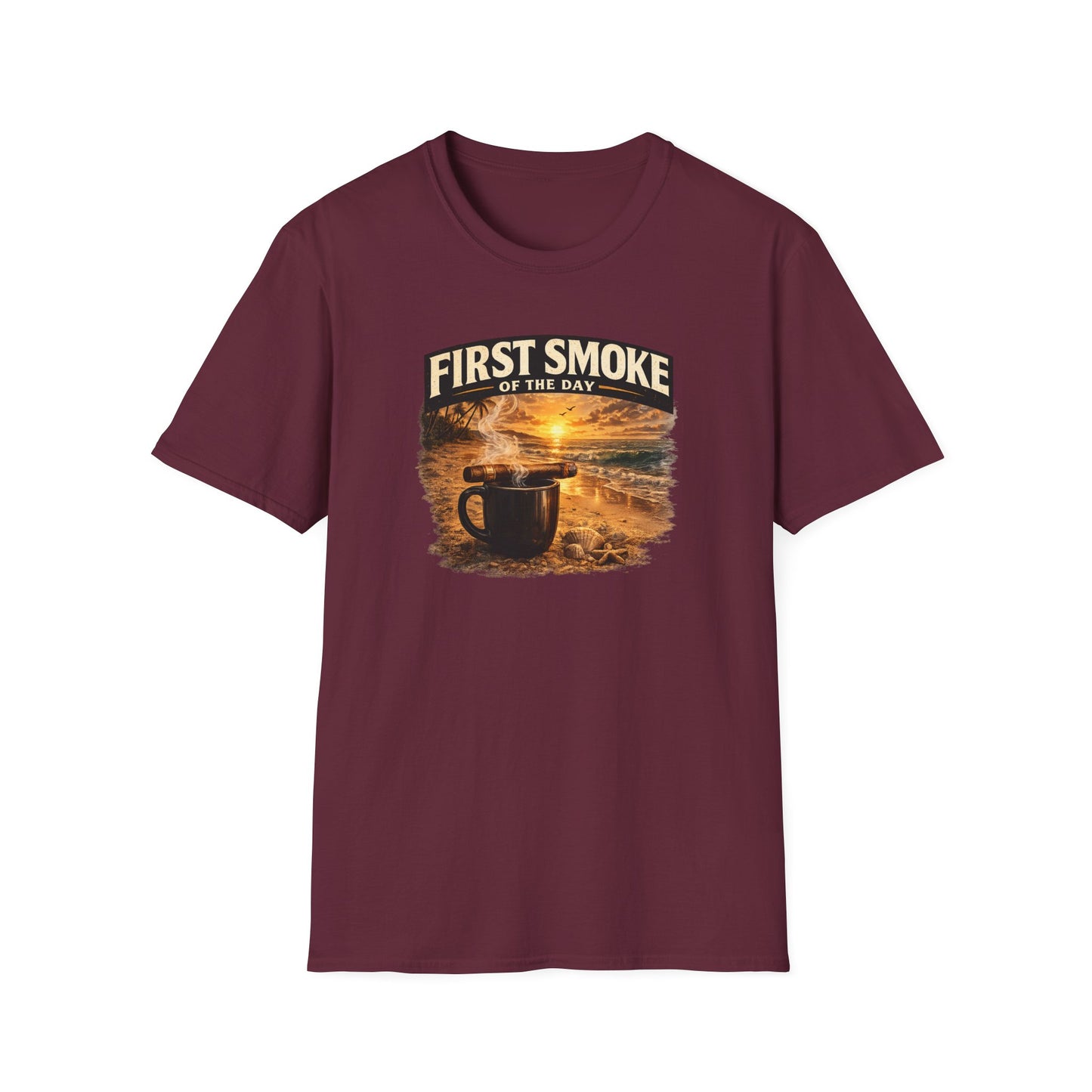 First Smoke of the Day T-Shirt – Cigar & Coffee Beach Sunrise Tee