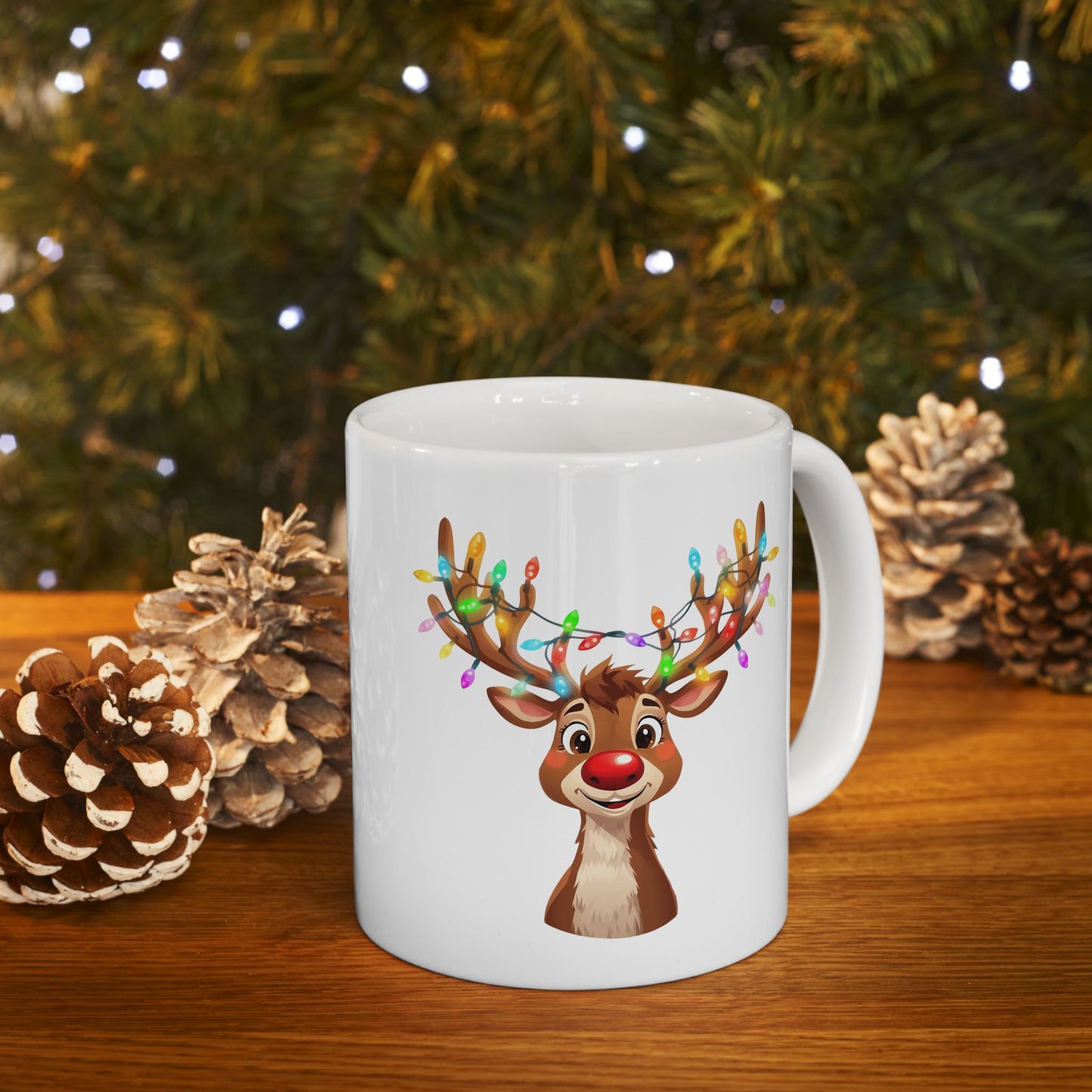 Reindeer Christmas Lights Mug – Cute Holiday Coffee Cup, Festive Reindeer Ceramic Mug, Christmas Gift Idea (11oz/15oz)