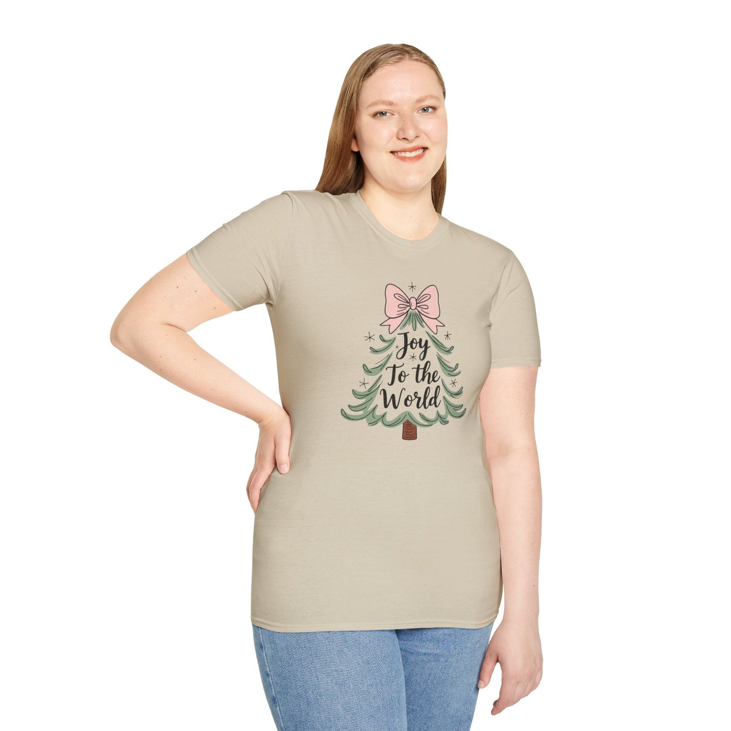 Joy to the World Christmas T-Shirt – Cute Pastel Bow Christmas Tree Tee, Festive Holiday Graphic Shirt for Women