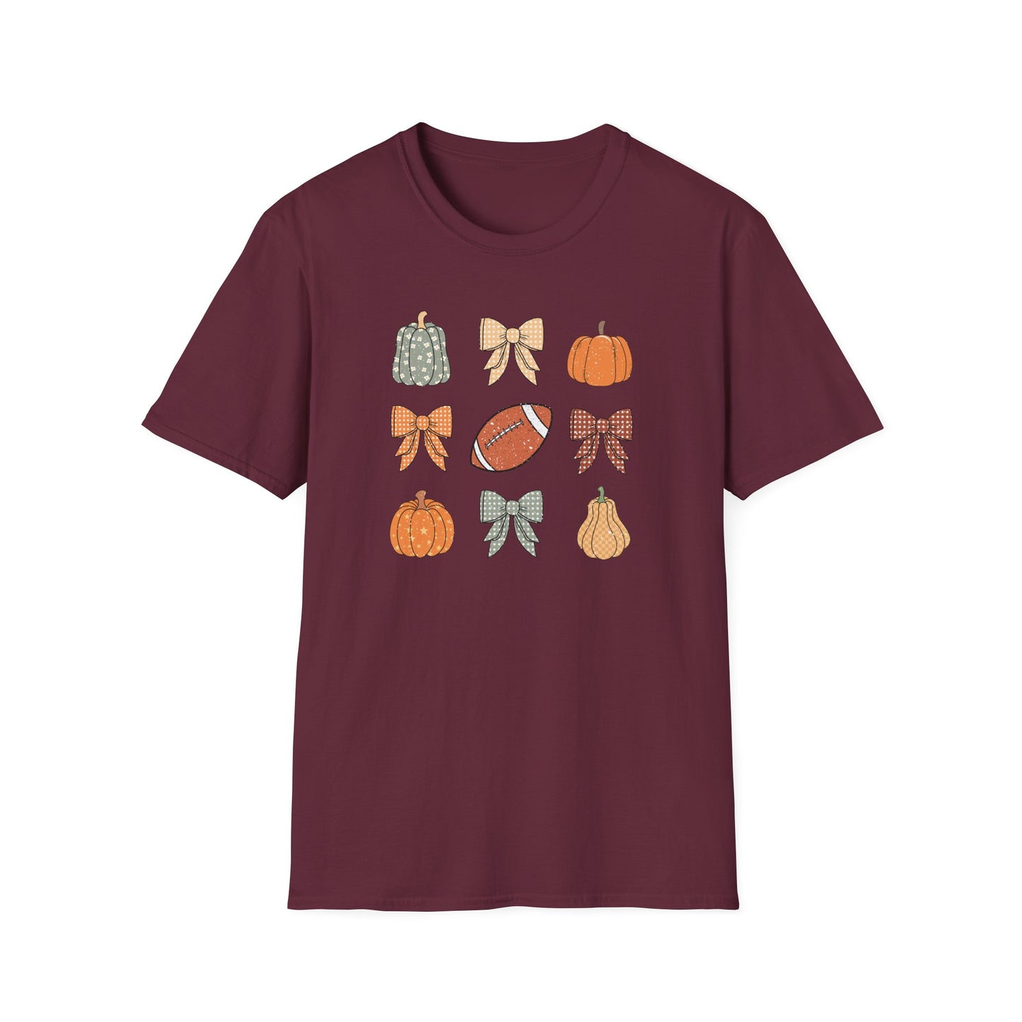 Fall Pumpkins Bow Football Unisex T-Shirt, Autumn Tee, Pumpkin Patch Shirt, Thanksgiving Top, Harvest Festival Apparel, Gif for her