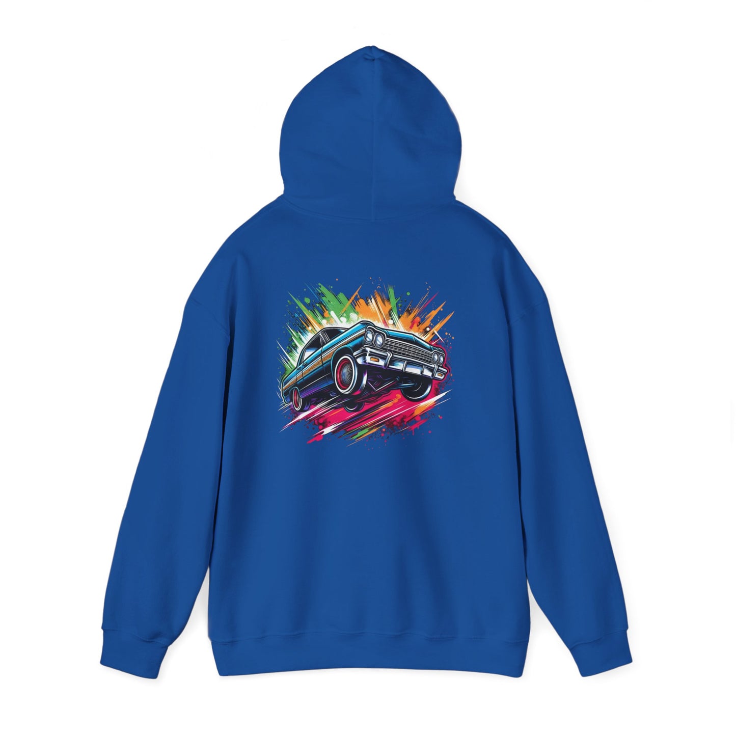 Chevy Impala Hydraulics Lowrider Colorful Drawing Graphic Hoodie - Old School Hip Hop Cholo Art Design - Chicano Car Club Graphic Hoodie