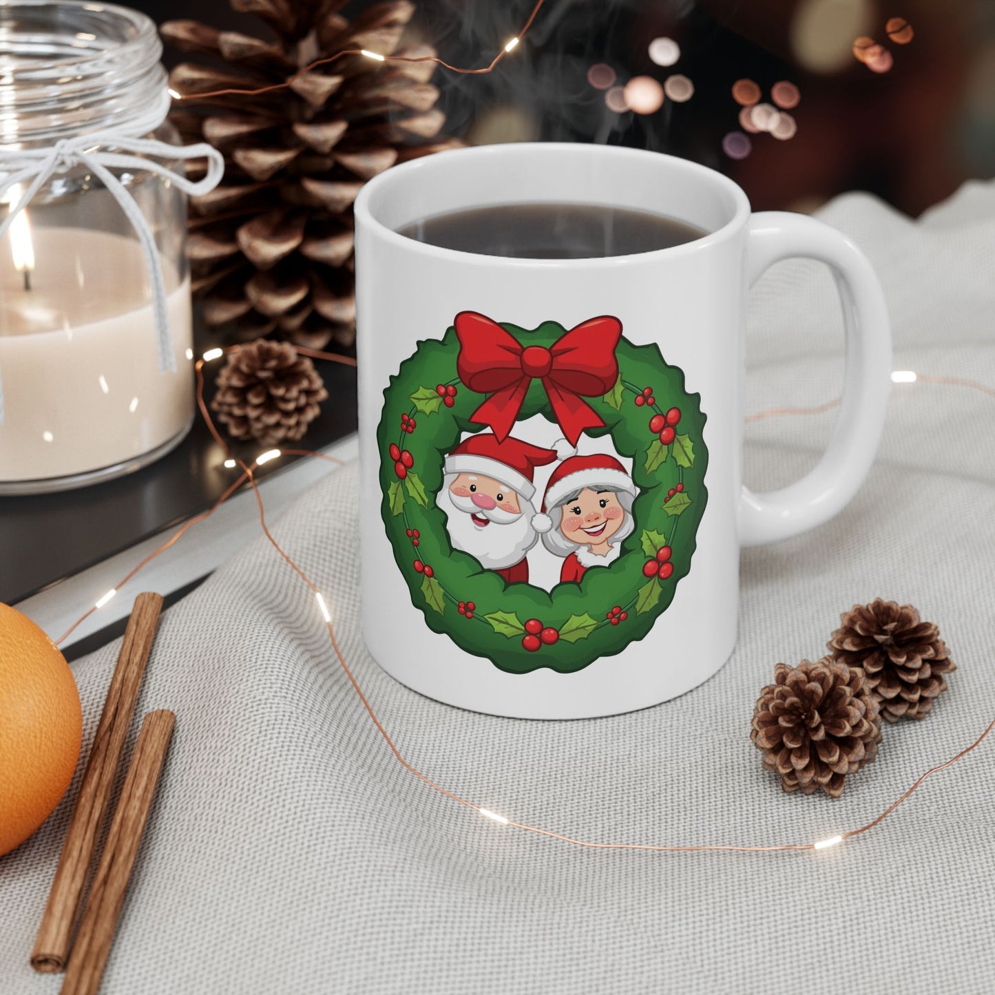 Santa and Mrs. Claus in a Wreath Mug – Cute Holiday Coffee Cup, Festive Santa Ceramic Mug, Christmas Gift Idea (11oz/15oz)