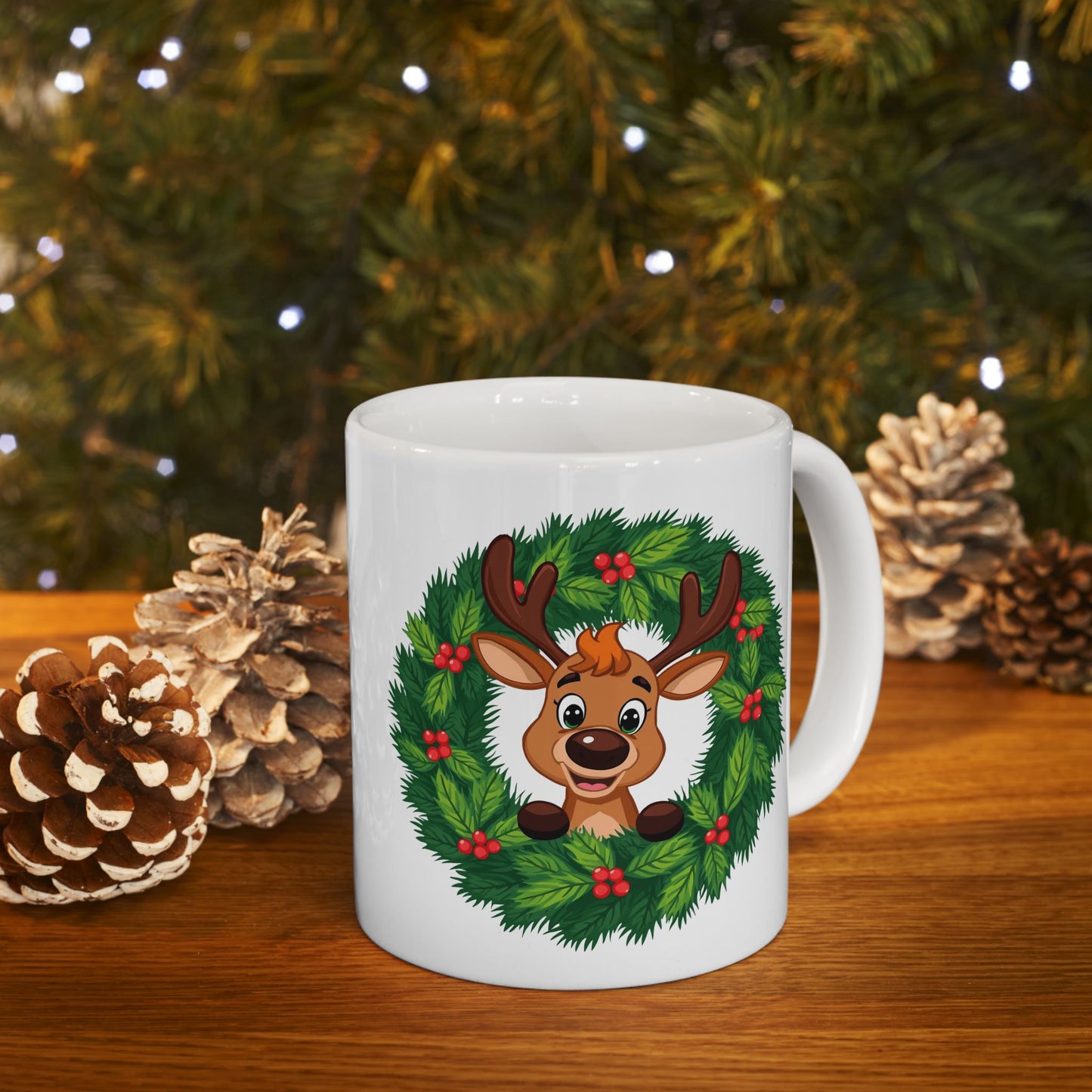 Reindeer in the Wreath Mug – Cute Holiday Coffee Cup, Festive Reindeer Ceramic Mug, Christmas Gift Idea (11oz/15oz)