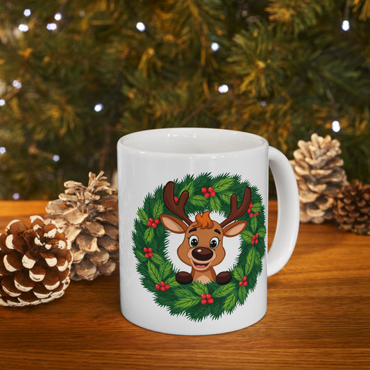 Reindeer in the Wreath Mug – Cute Holiday Coffee Cup, Festive Reindeer Ceramic Mug, Christmas Gift Idea (11oz/15oz)