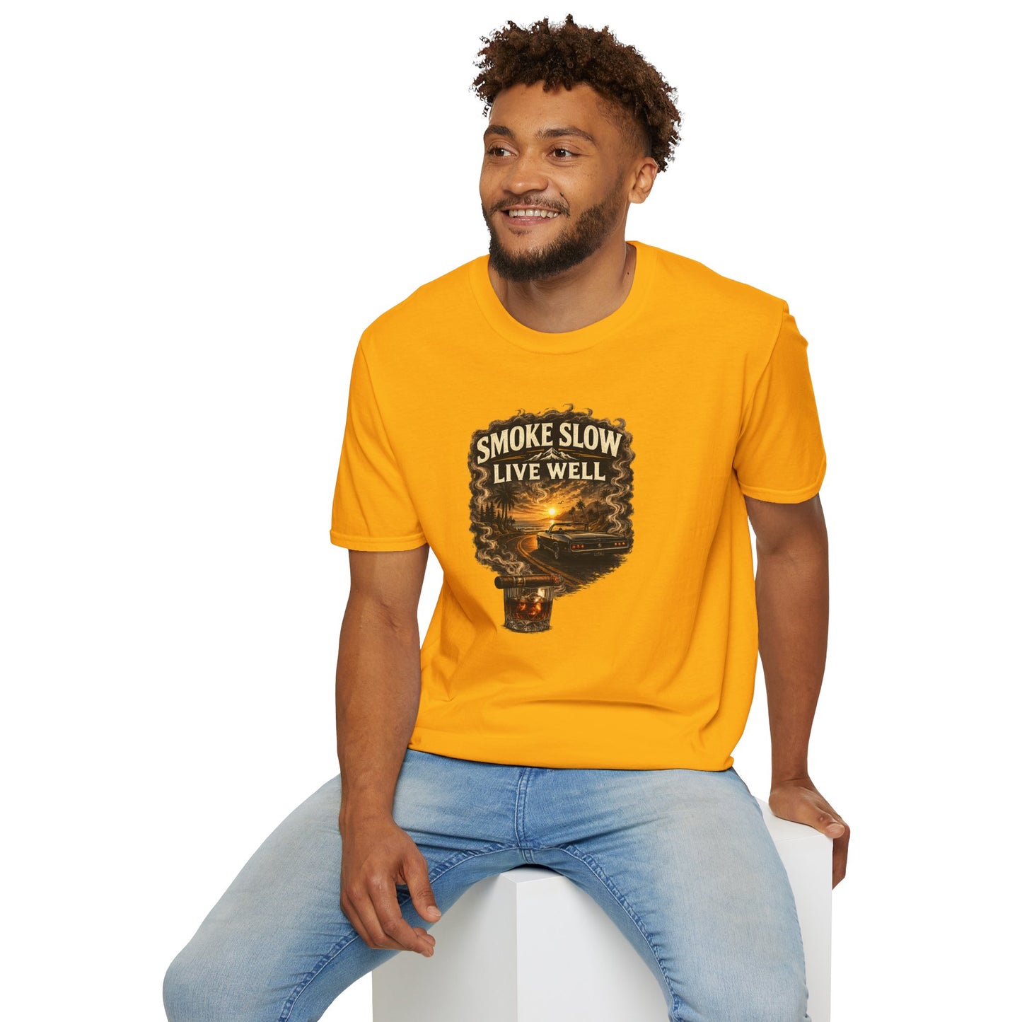 Smoke Slow Live Well Classic Car T-Shirt – Cigar, Whiskey & Sunset Cruise Tee  ⭐ Product Description
