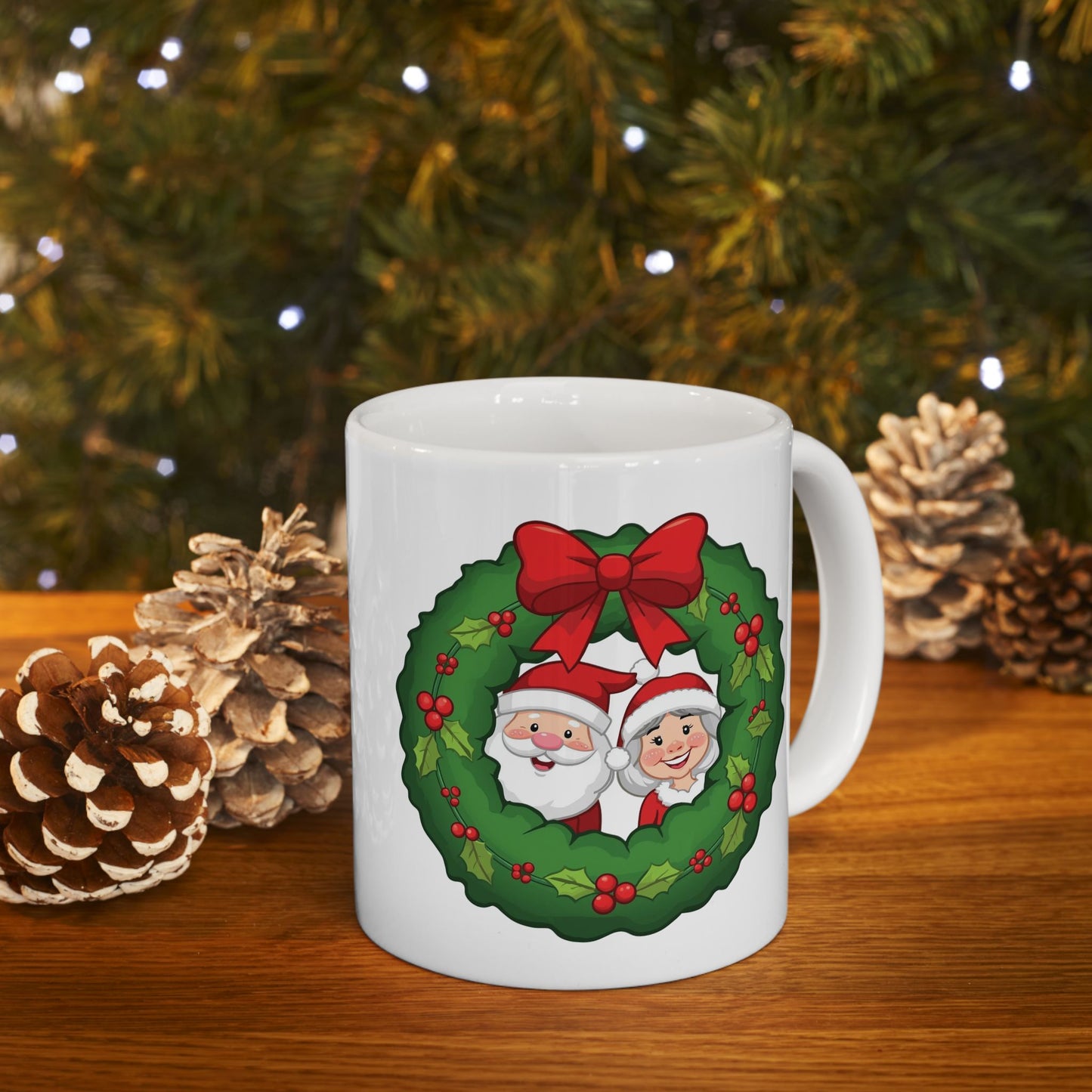 Santa and Mrs. Claus in a Wreath Mug – Cute Holiday Coffee Cup, Festive Santa Ceramic Mug, Christmas Gift Idea (11oz/15oz)