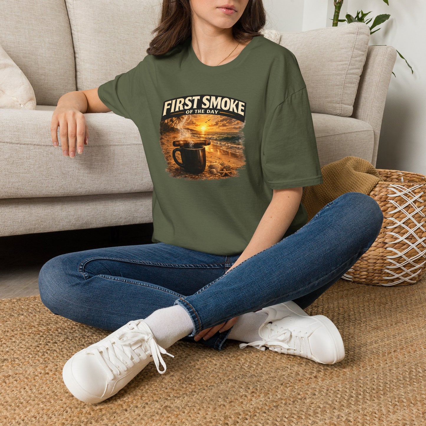 First Smoke of the Day T-Shirt – Cigar & Coffee Beach Sunrise Tee