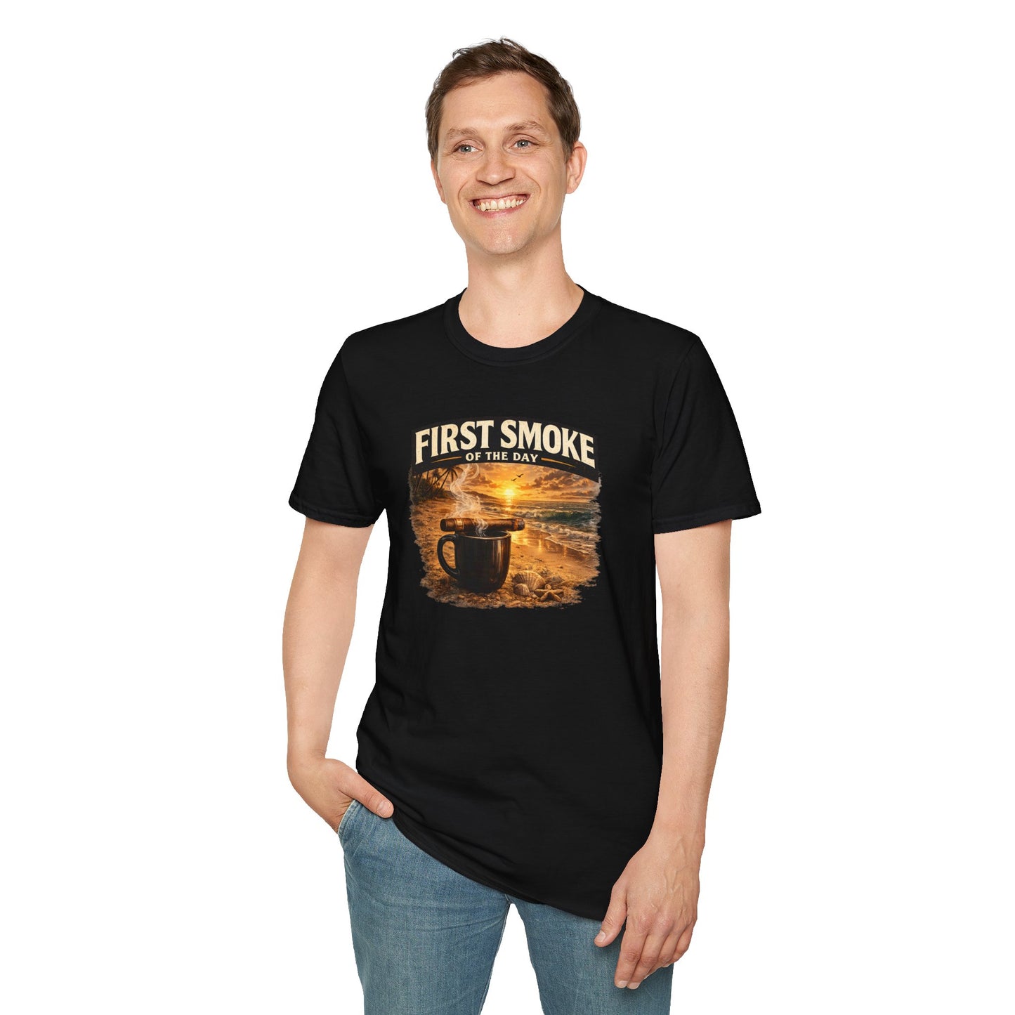 First Smoke of the Day T-Shirt – Cigar & Coffee Beach Sunrise Tee