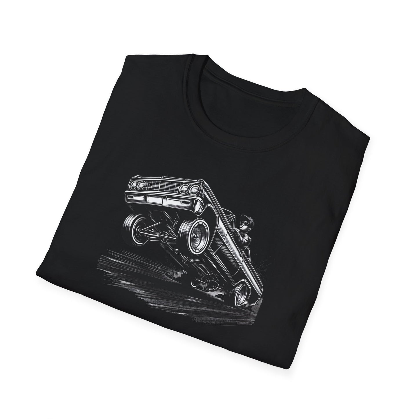 1964 Chevy Impala Hydraulics Lowrider Ink Drawing T-Shirt - Old School Hip Hop Cholo Art Tee Design - Chicano Car Club Graphic Tee