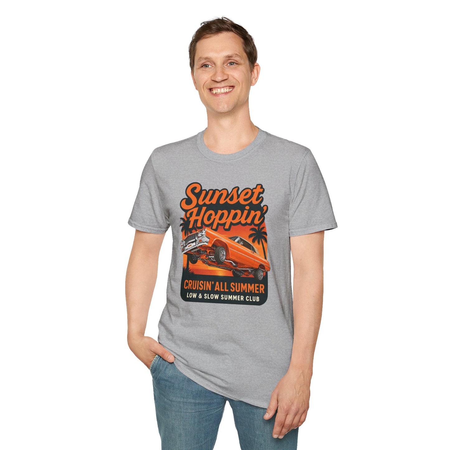 Lowrider Summer Shirt, Sunset Hoppin Tee, Cruisin All Summer Graphic Shirt, Low and Slow Car Tee, Unisex Car Lover Gift