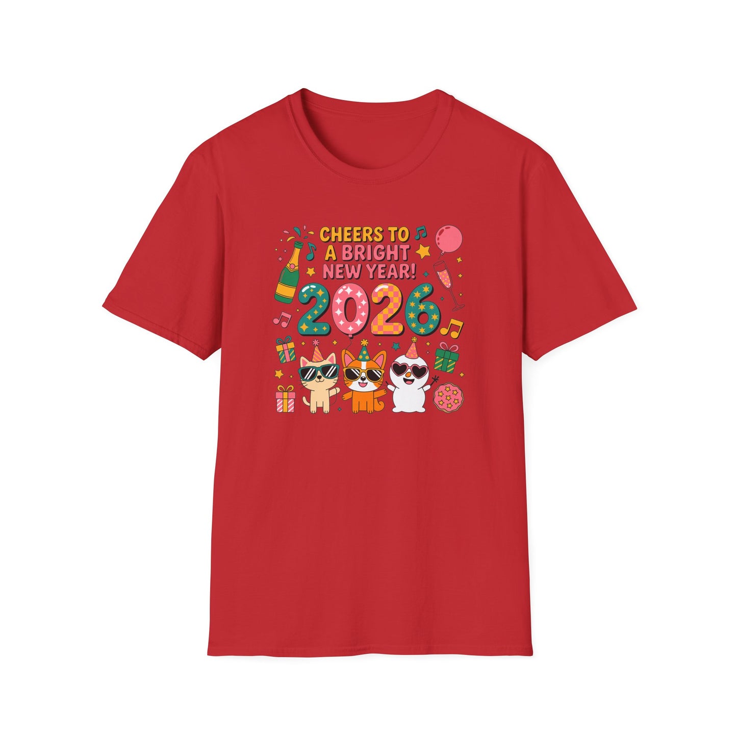 Happy New Year 2026 T-Shirt – Cute Cartoon Cats New Year Shirt, Bright Colorful NYE Party Tee, Fun 2026 Celebration Top for Cat Lovers